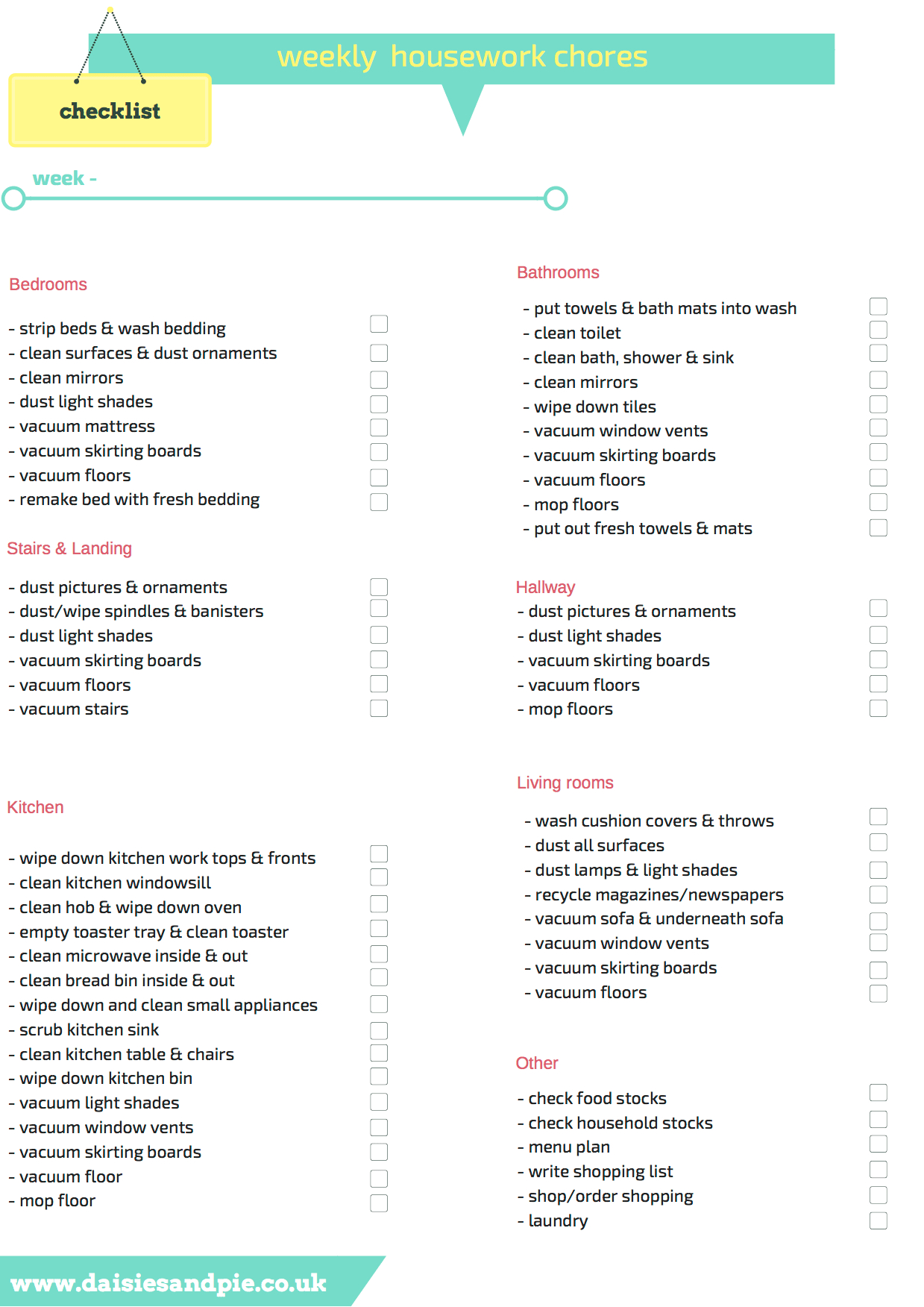 Printable Weekly Housework Checklist | Cleaning Printables - Free Printable Housework Checklist