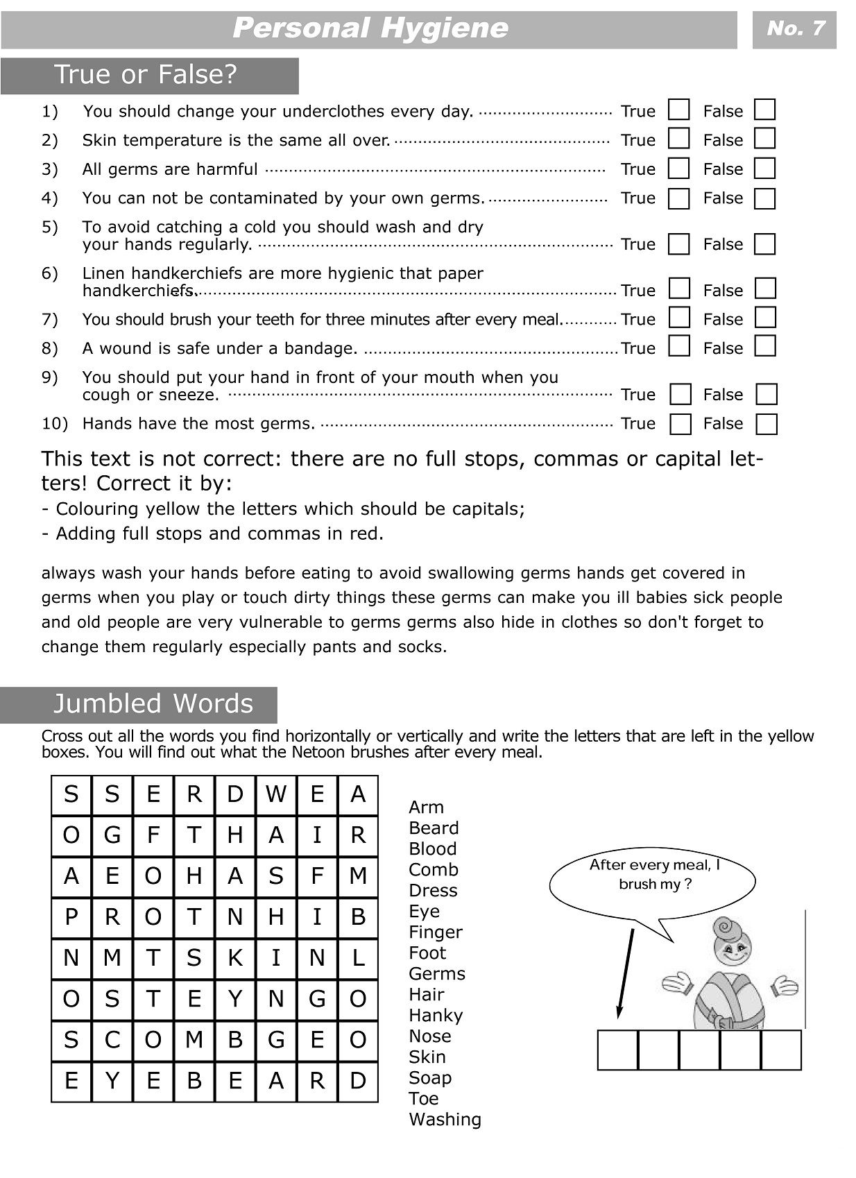 Printable Worksheets For Personal Hygiene | Personal Hygiene - Free Printable Life Skills Worksheets For Adults