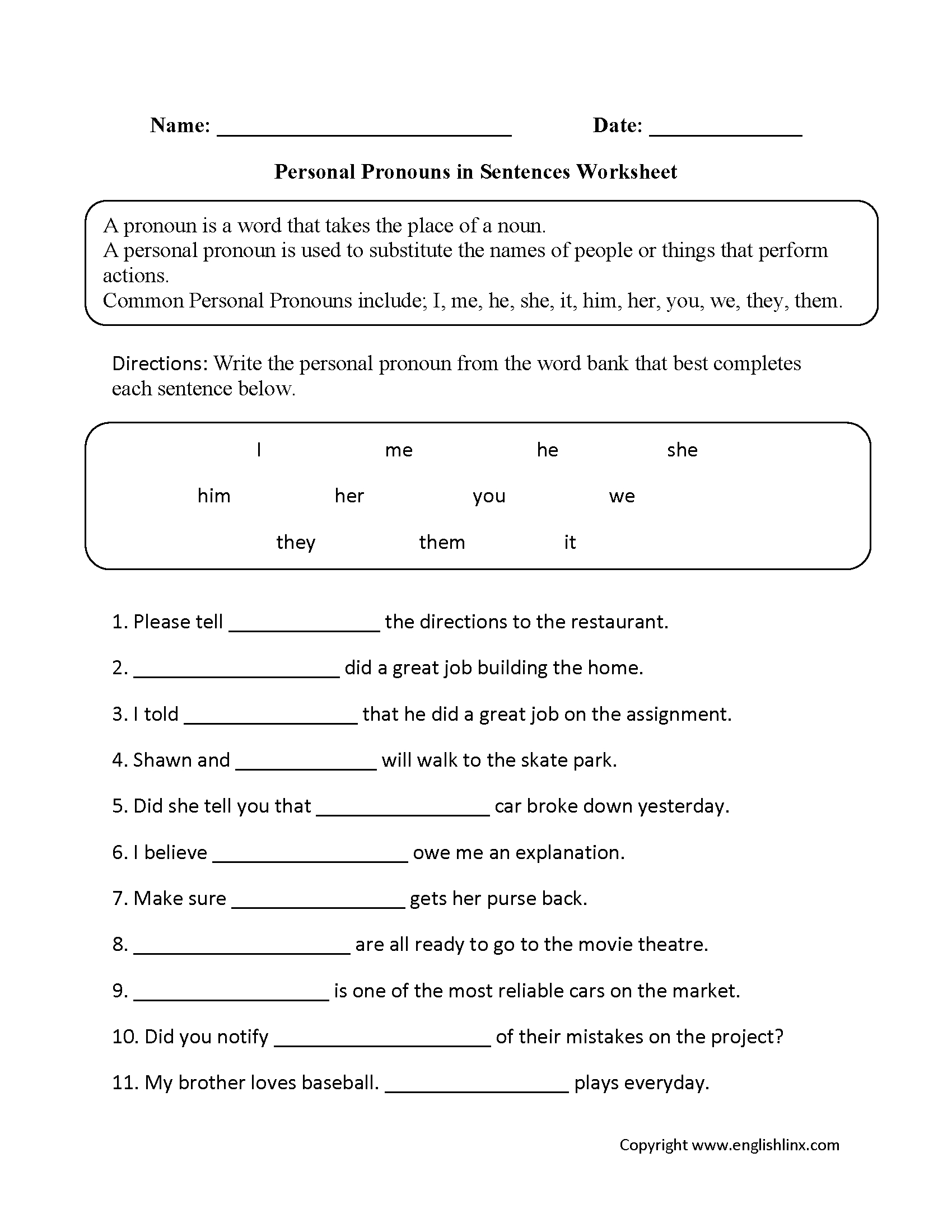 Pronouns Worksheets | Personal Pronouns Worksheets - Daily Language Review Grade 5 Free Printable