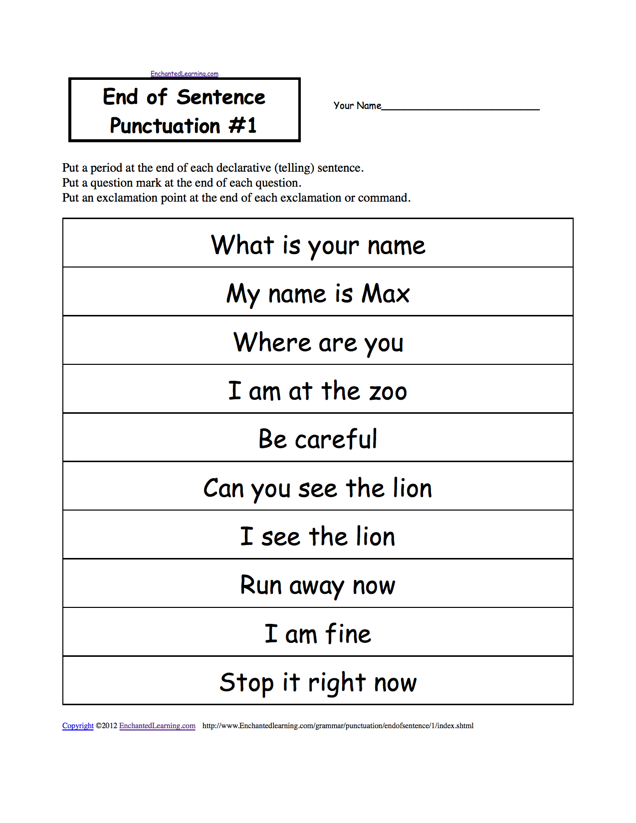 Punctuation Marks: Enchantedlearning - Free Printable Worksheets For Punctuation And Capitalization