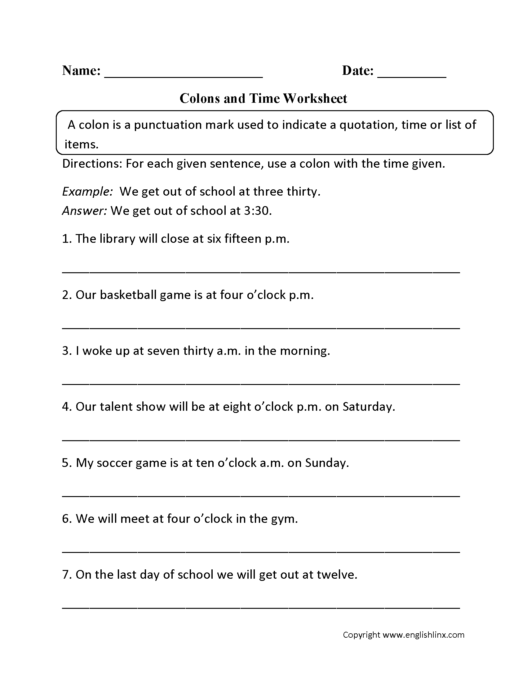 Punctuation Worksheets | Colon Worksheets - Free Printable Grammar Worksheets For Highschool Students