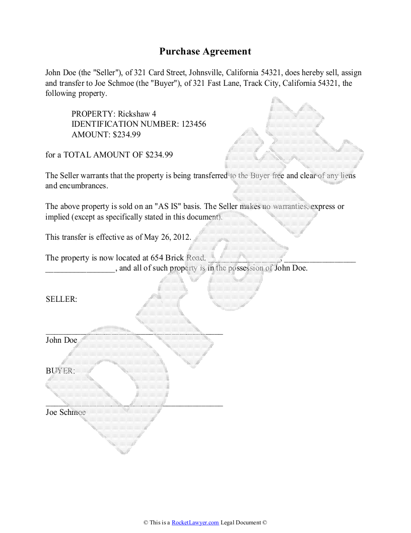 Purchase Agreement Template - Free Purchase Agreement - Free Printable Legal Documents Forms