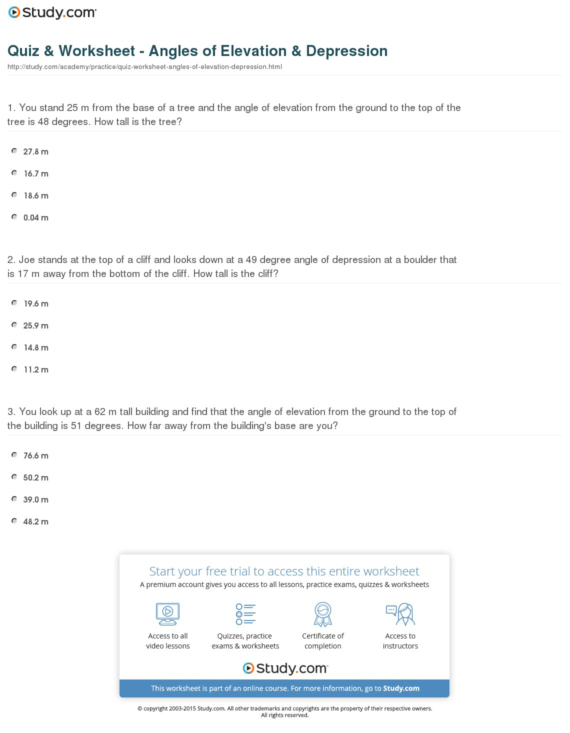 Quiz &amp;amp; Worksheet - Angles Of Elevation &amp;amp; Depression | Study - Free Printable Worksheets On Depression