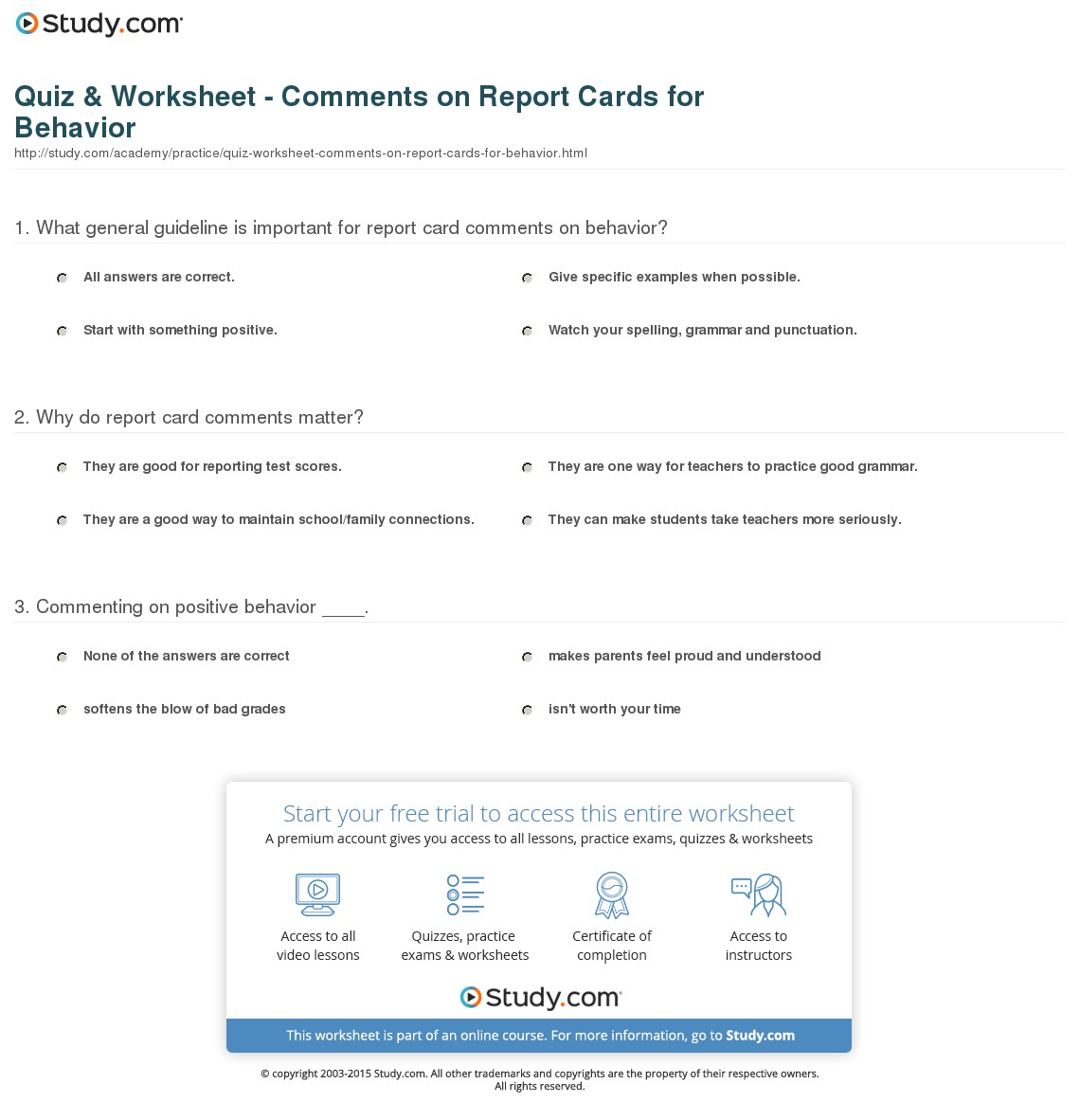 Quiz &amp;amp; Worksheet - Comments On Report Cards For Behavior | Study - Free Printable Report Card Comments