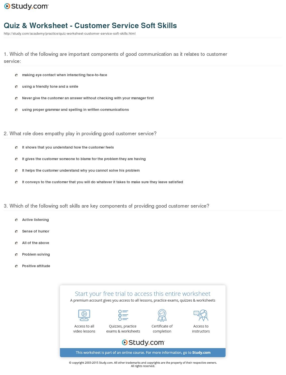 Quiz &amp;amp; Worksheet - Customer Service Soft Skills | Study - Free Library Skills Printable Worksheets