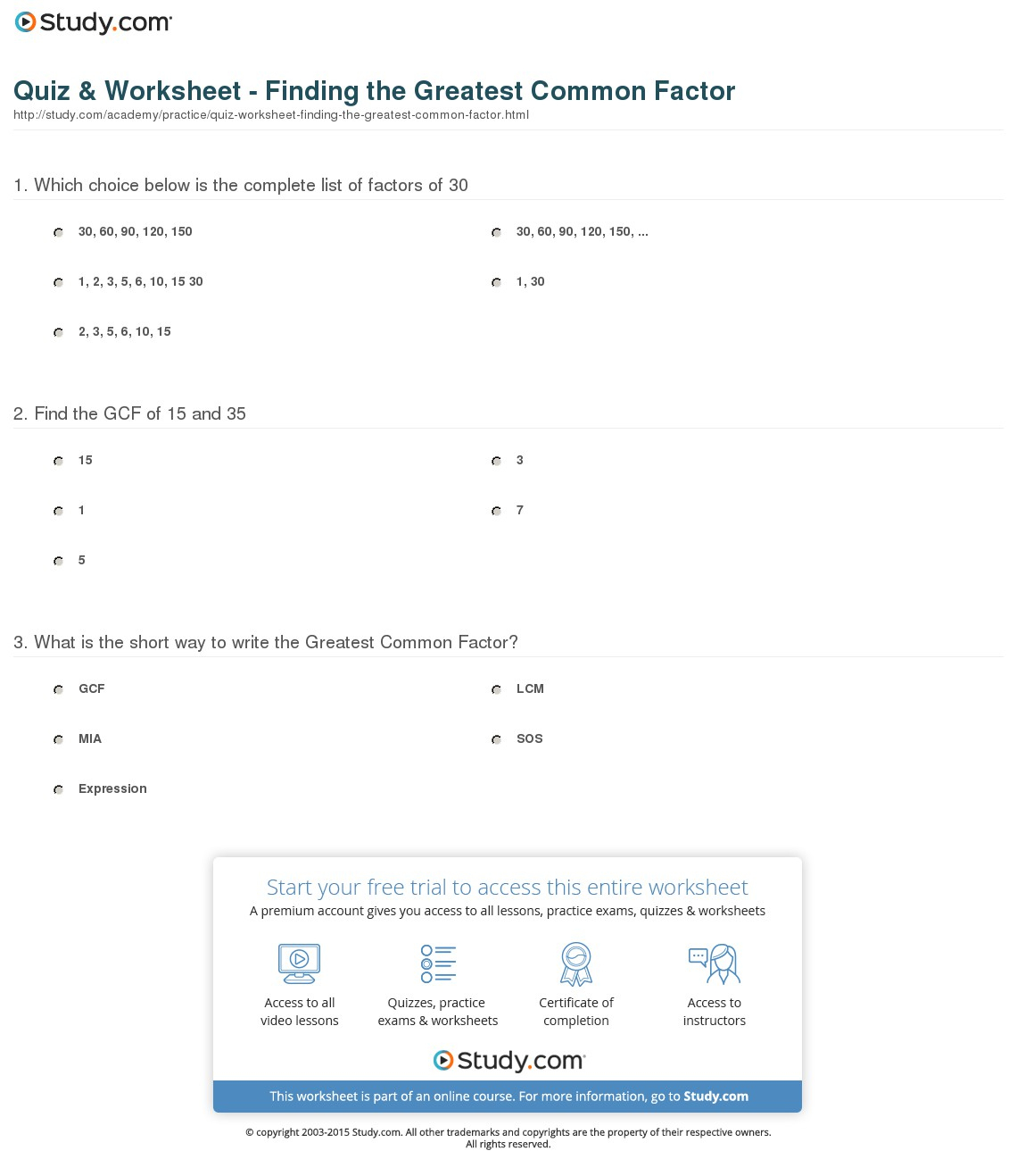 Quiz &amp;amp; Worksheet - Finding The Greatest Common Factor | Study - Free Printable Greatest Common Factor Worksheets
