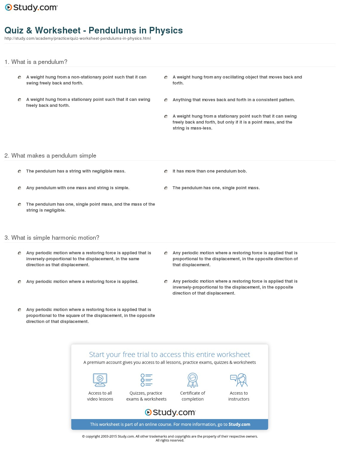 Quiz &amp;amp; Worksheet - Pendulums In Physics | Study - Free Printable Physics Worksheets