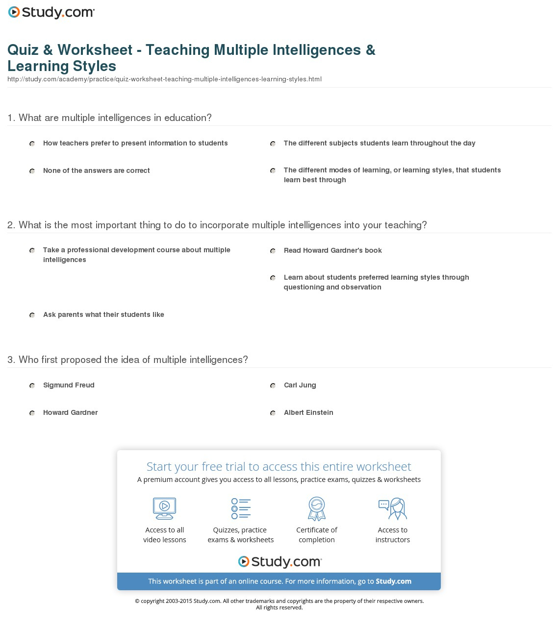 Quiz &amp;amp; Worksheet - Teaching Multiple Intelligences &amp;amp; Learning Styles - Free Printable Learning Styles Questionnaire