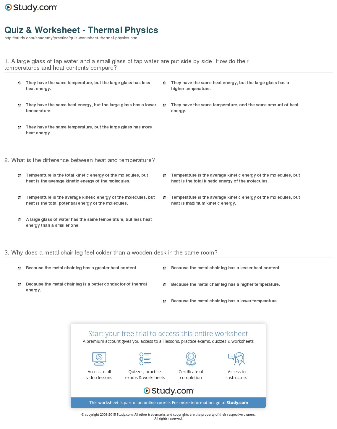 Quiz &amp;amp; Worksheet - Thermal Physics | Study - Free Printable Physics Worksheets