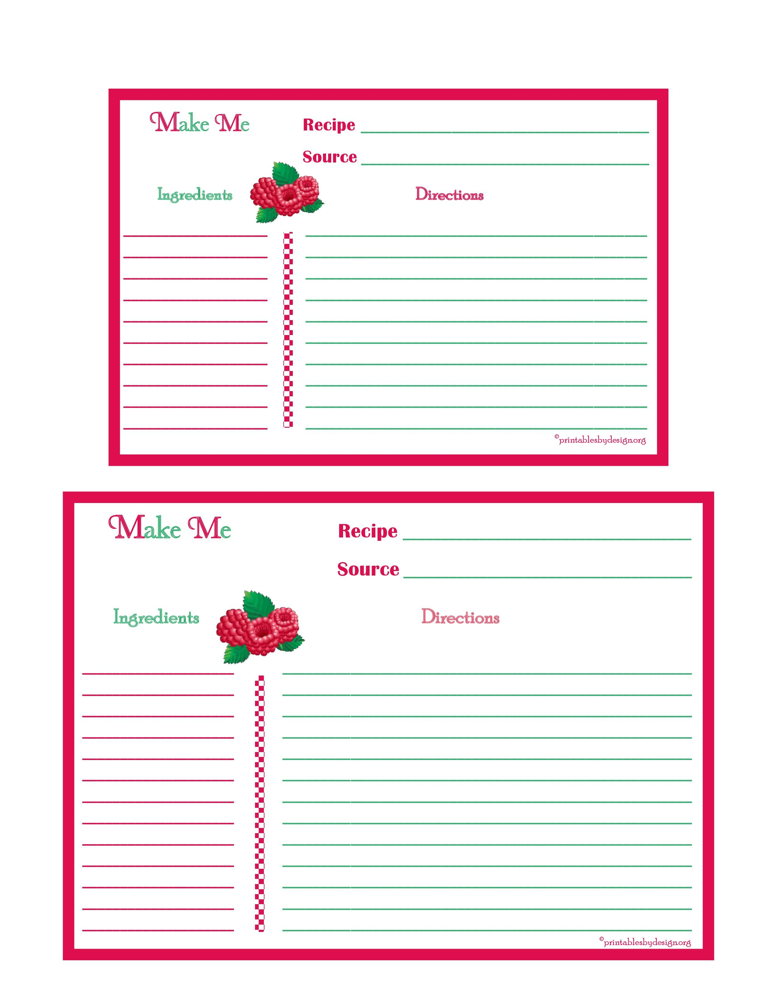 Raspberries Recipe Card - 4X6 &amp;amp; 5X7-Page | Free Recipe Cards - Free Printable Photo Cards 4X6