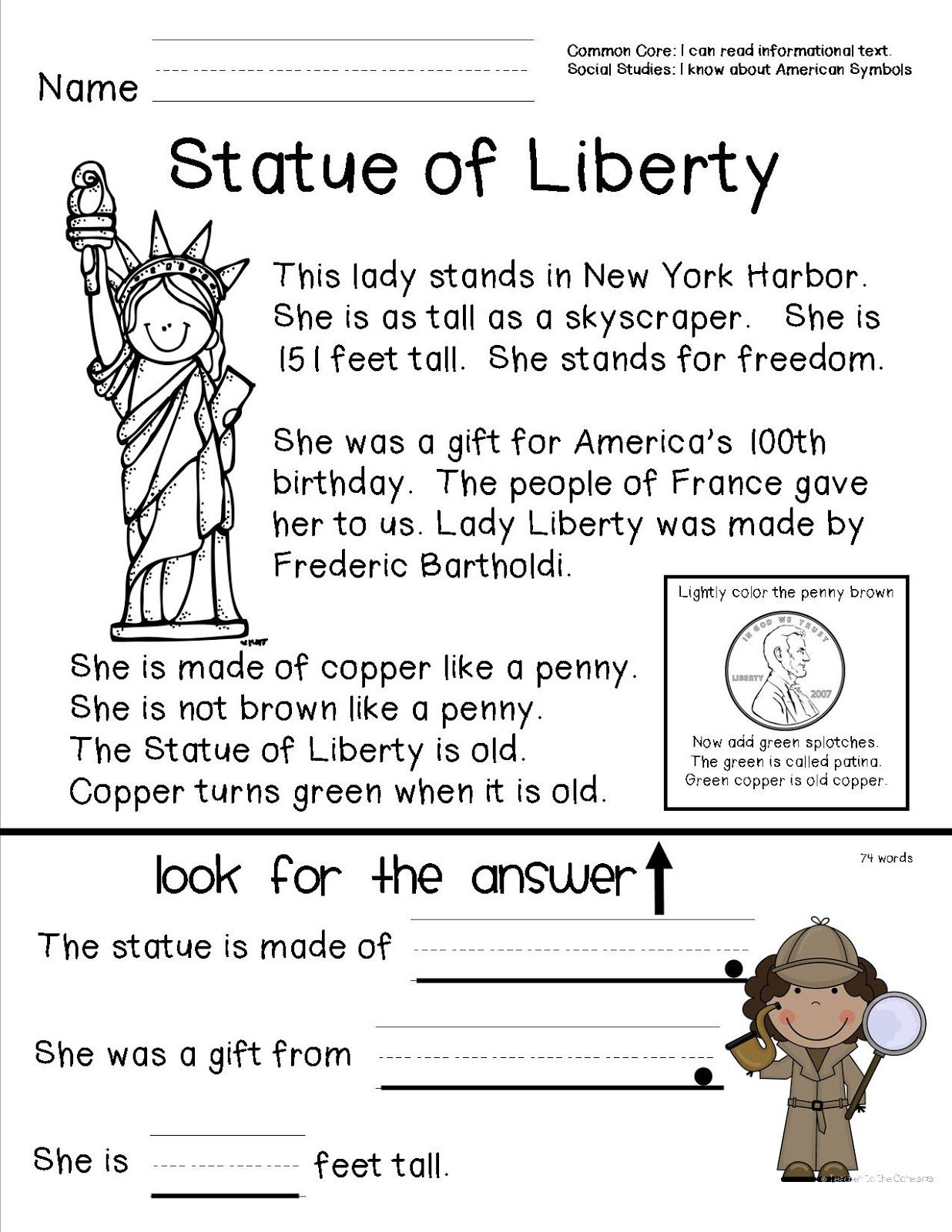 Reading Comprehension Sheet About The Statue Of Liberty For Primary - Social Studies Worksheets First Grade Free Printable