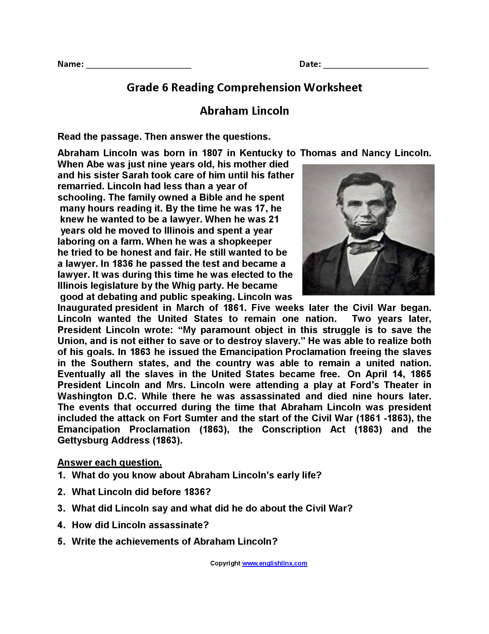 Reading Worksheets | Sixth Grade Reading Worksheets - Free Printable Comprehension Worksheets For Grade 5