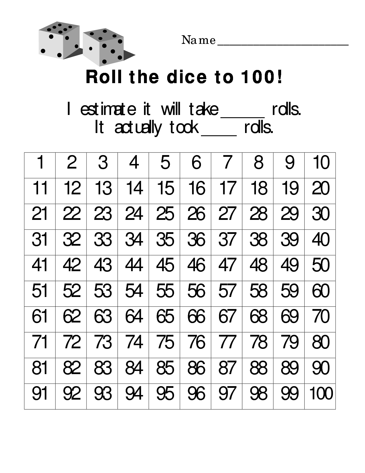 Roll The Dice To 100 -Free Printable | For The Kids - Roll A Monster Free Printable