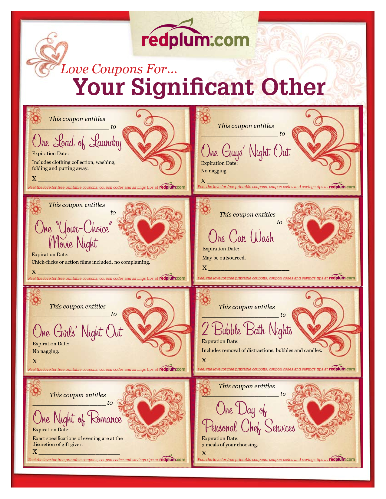 Romantic Love Coupon Template Printable | Love Coupons For Your - Free Printable Coupons For Husband