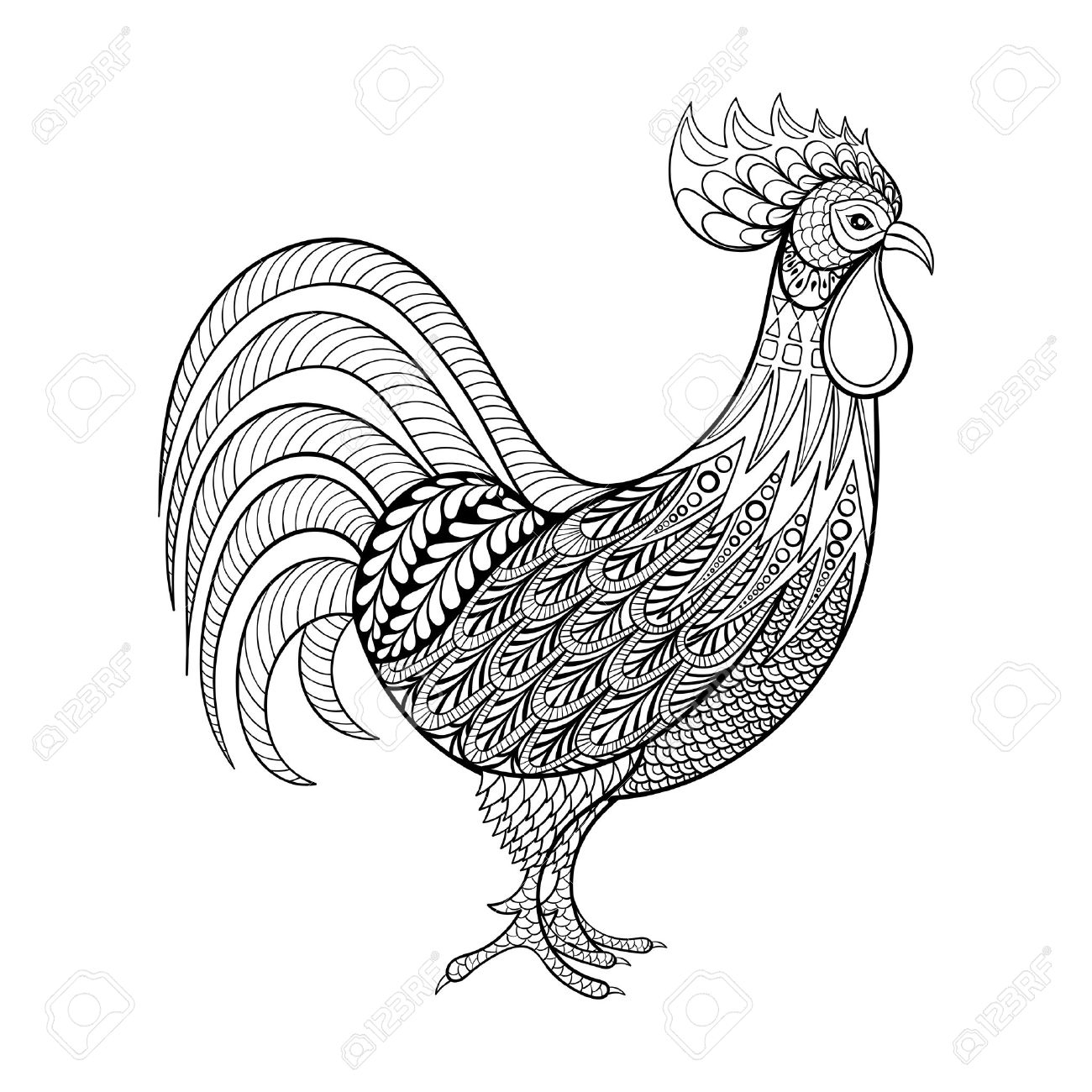 Rooster, Chicken, Domestic Farmer Bird For Coloring Pages, Zentangle - Free Printable Pictures Of Roosters