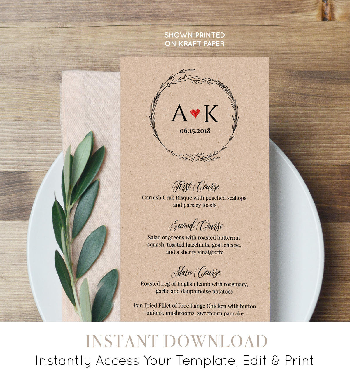 Rustic Menu Card Template, Printable Wedding Menu, Wreath Dinner - Free Printable Wedding Menu Card Templates