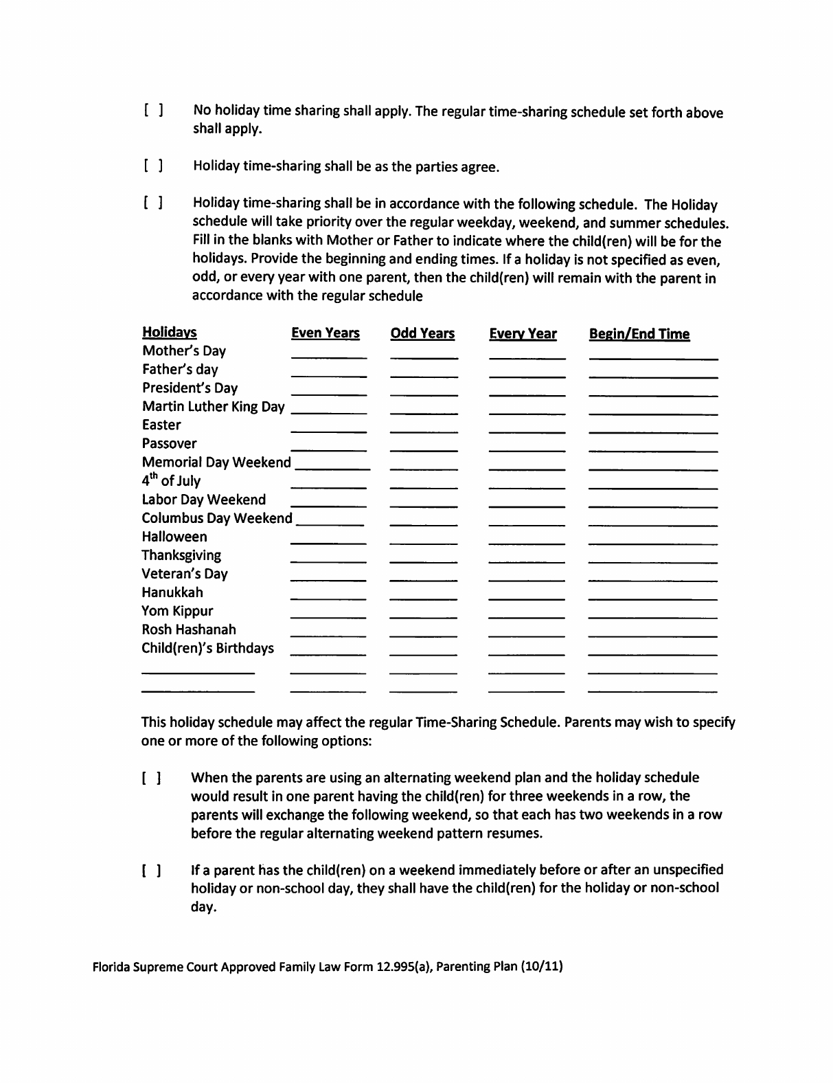 Sample Parenting Plan Template - Florida Free Download - Free Printable Parenting Plan