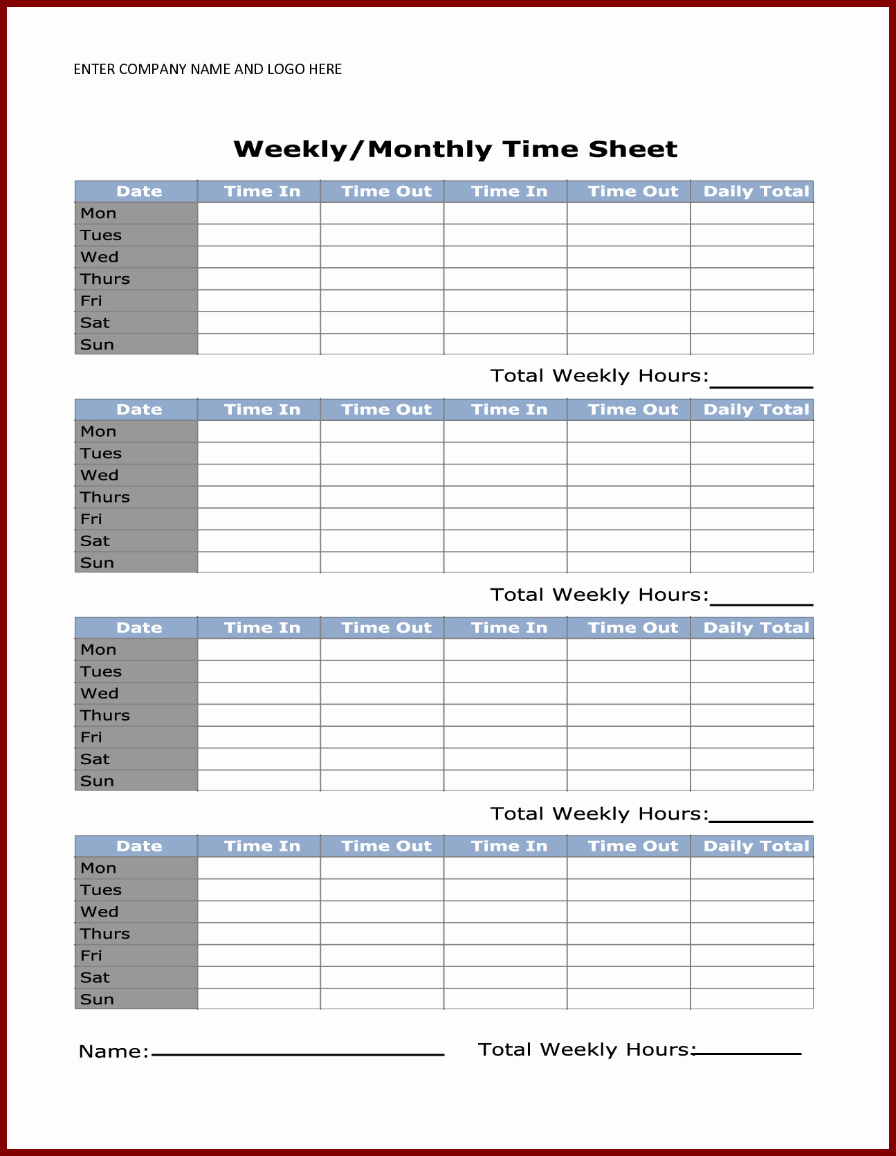 Sample Time Sheets To Print – Emilys-Welt.eu - Free Printable Time Sheets Forms