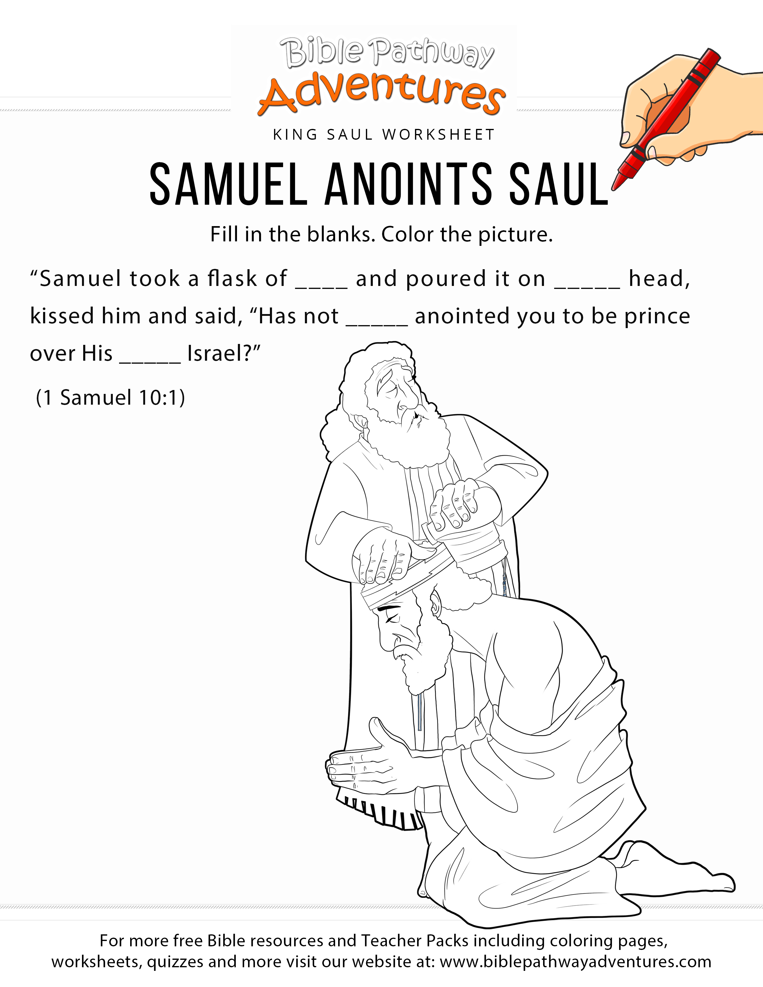 Samuel Anoints Saul Bible Worksheet And Coloring Page. Printable - Free Printable Children&amp;#039;s Bible Lessons Worksheets