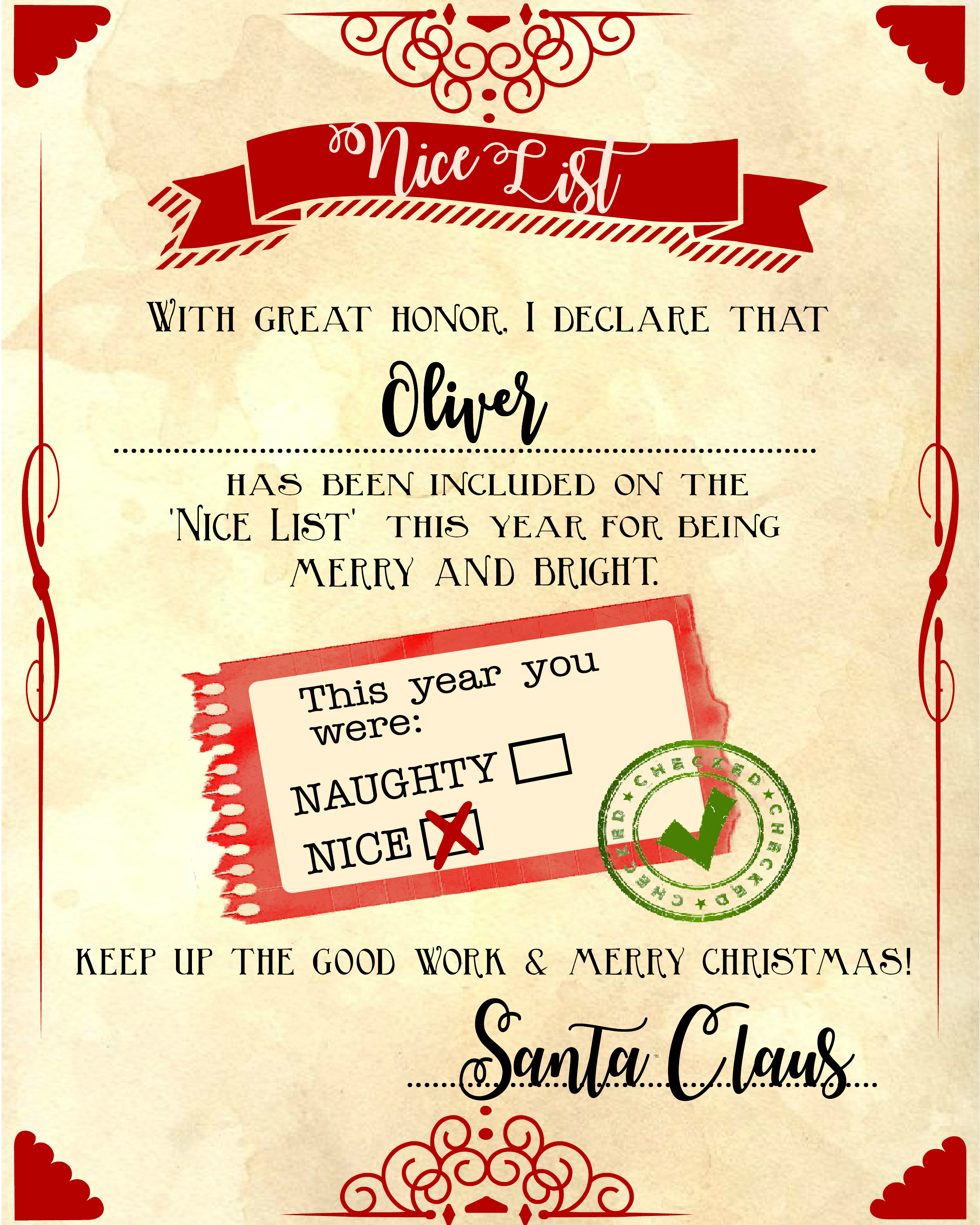 Santa &amp;quot;nice List&amp;quot; Free Printable Certificate - Free Printable Best Daughter Certificate