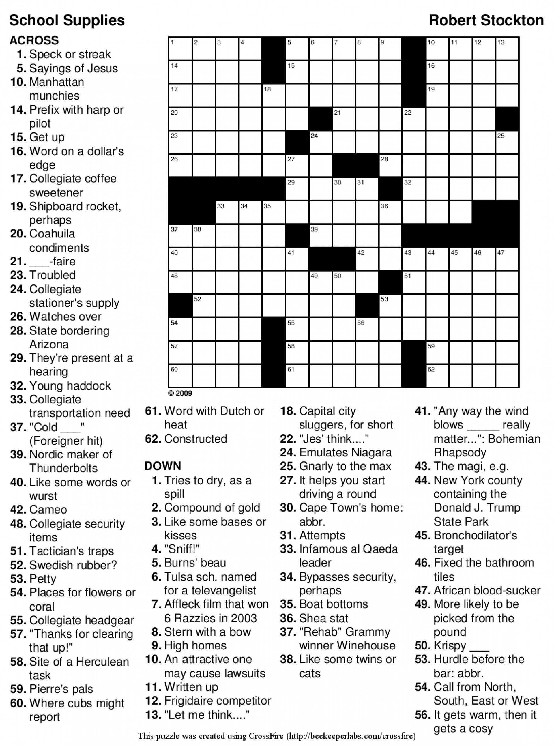 Schoolsupplies Easy Large Crossword Puzzle Printable Difficult - Free Printable Crossword Puzzles Medium Difficulty