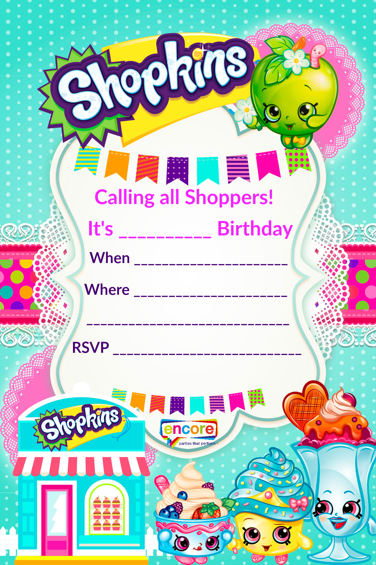 Shopkins Party Invite Download Free! | Encore Kids Parties - Birthday Party Invitations Online Free Printable