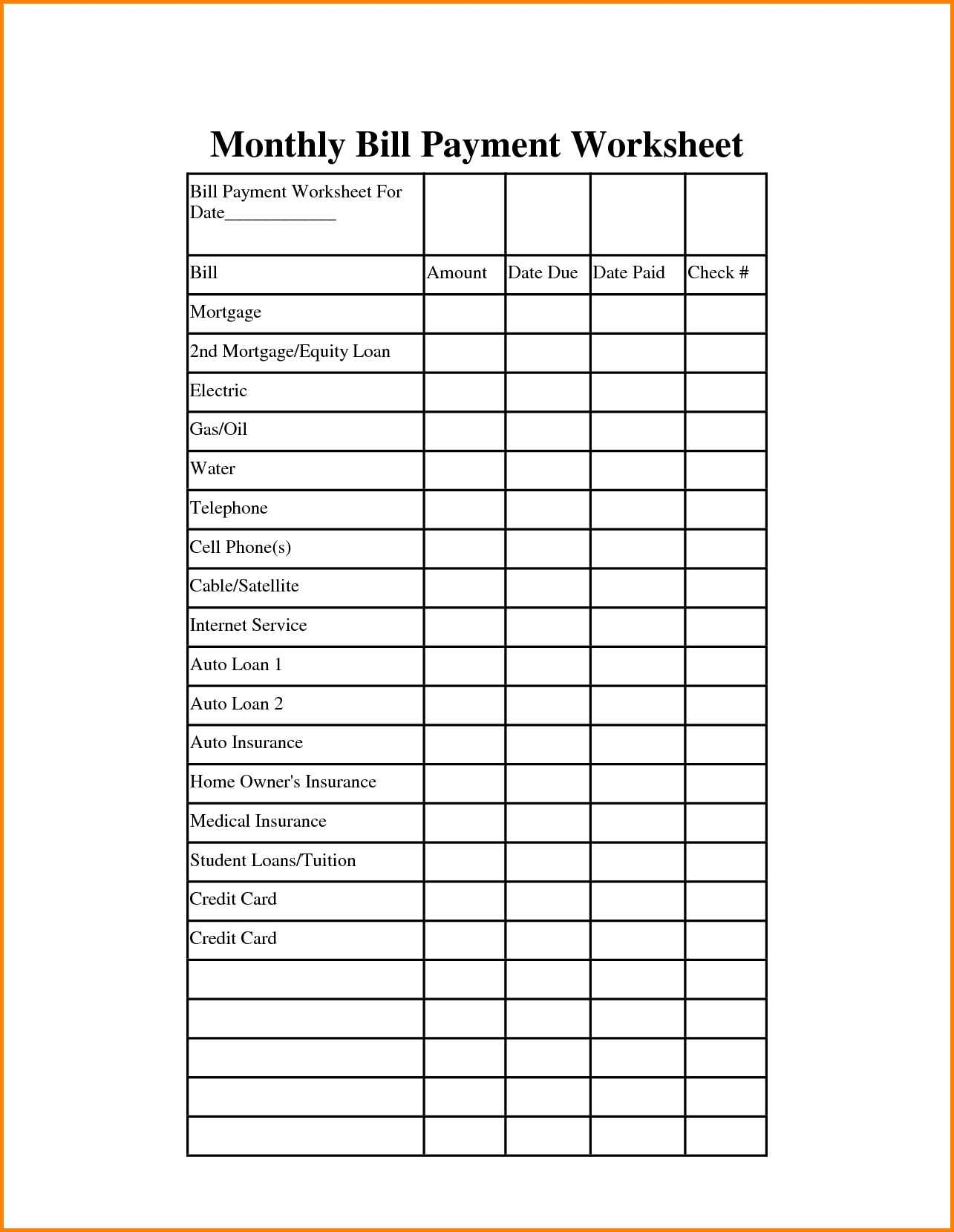 Simple Monthly Bill And Payment Budget Planner For Excel Spreadsheet - Free Printable Monthly Bill Payment Worksheet