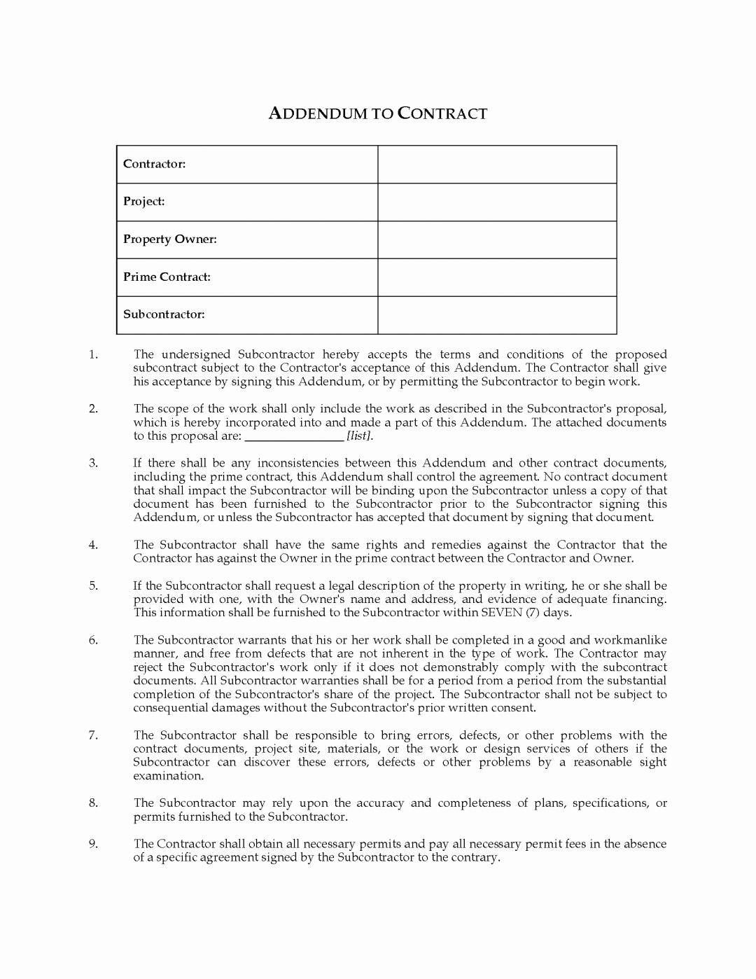 Simple Subcontractor Agreement Contract Template #1505 - Ocweb - Free Printable Subcontractor Agreement
