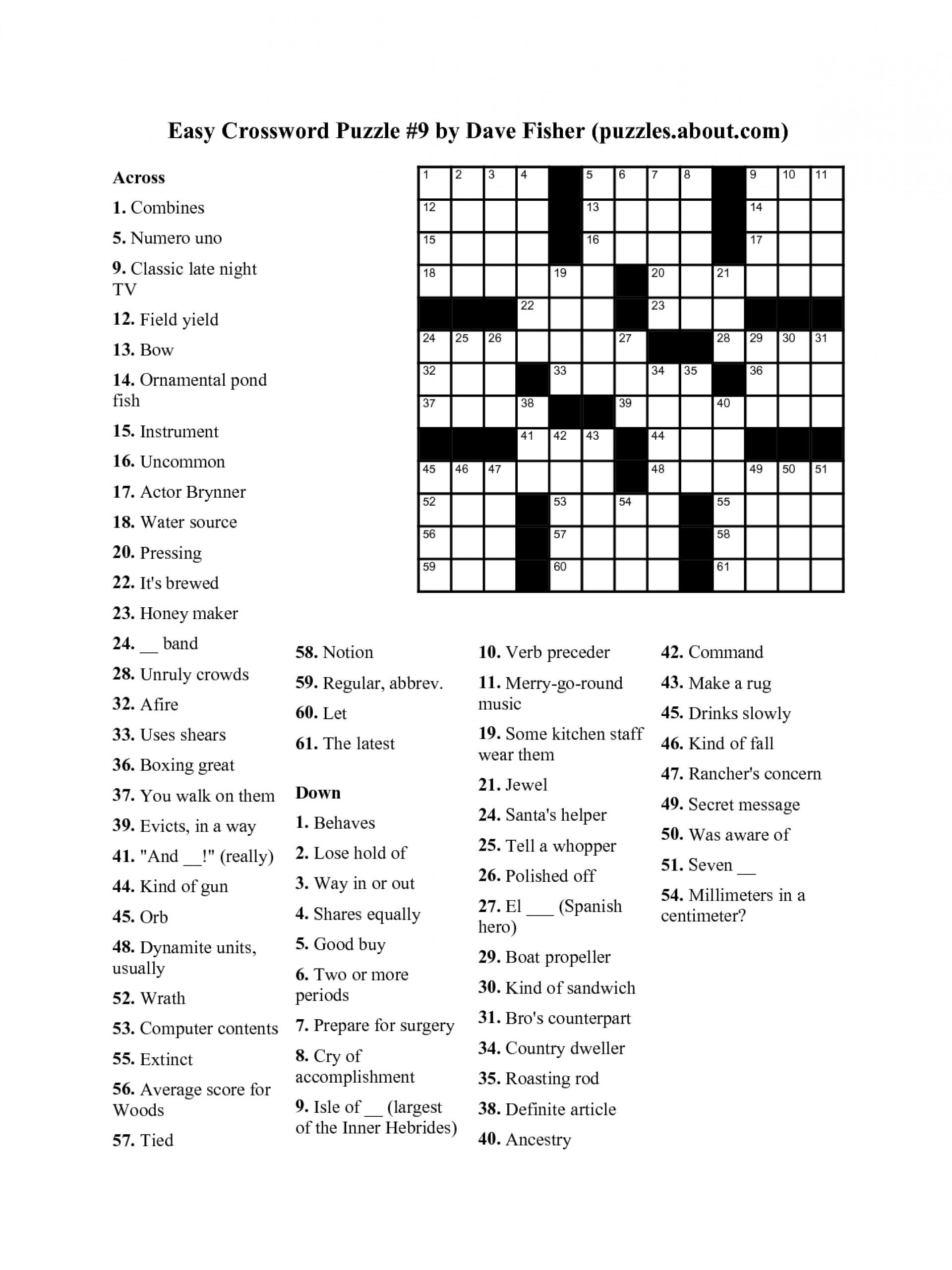 Free Printable Easy Crossword Puzzles Free Printable