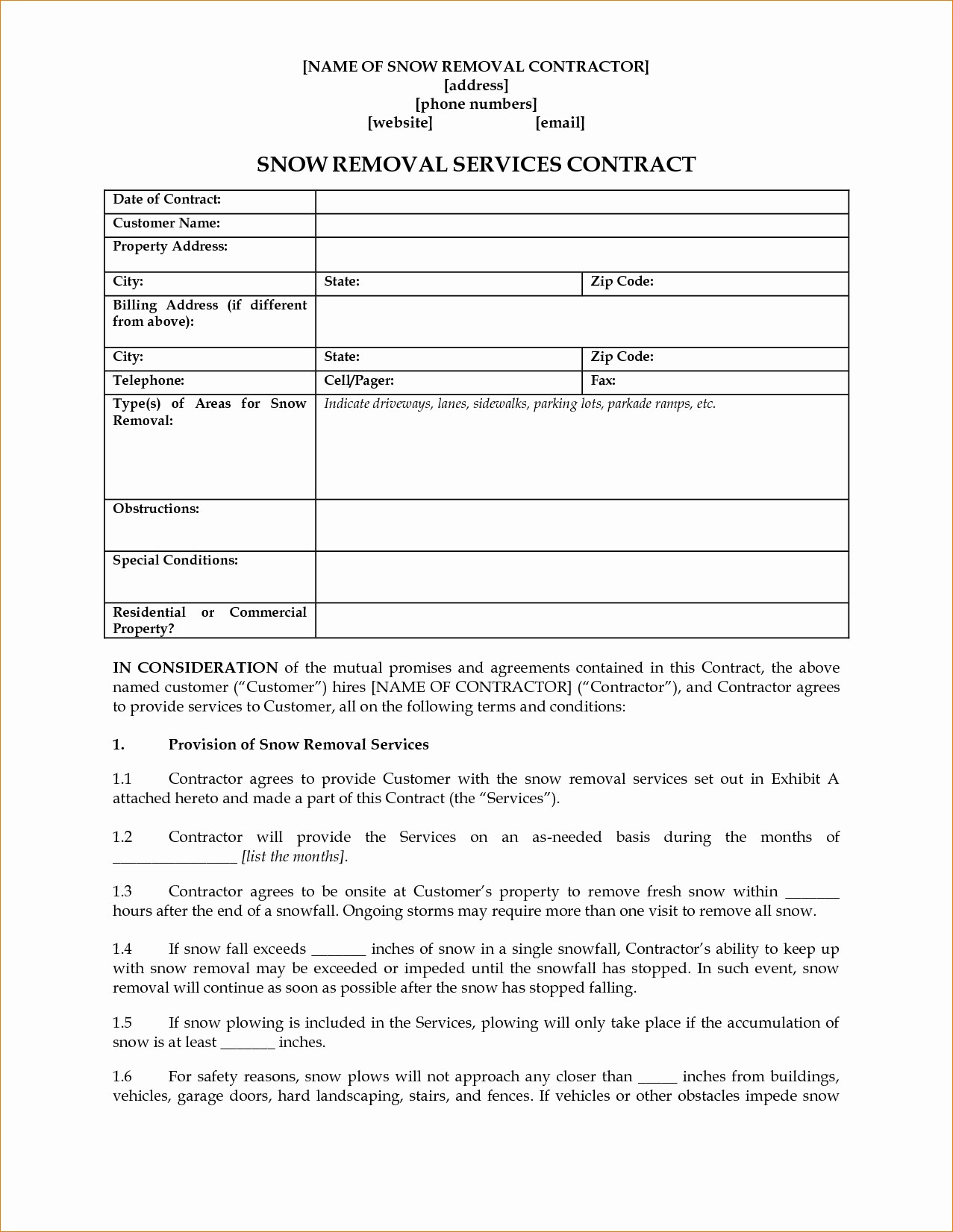 Snow Plow Contract Template - Lera Mera Business Document Template - Free Printable Snow Removal Contract