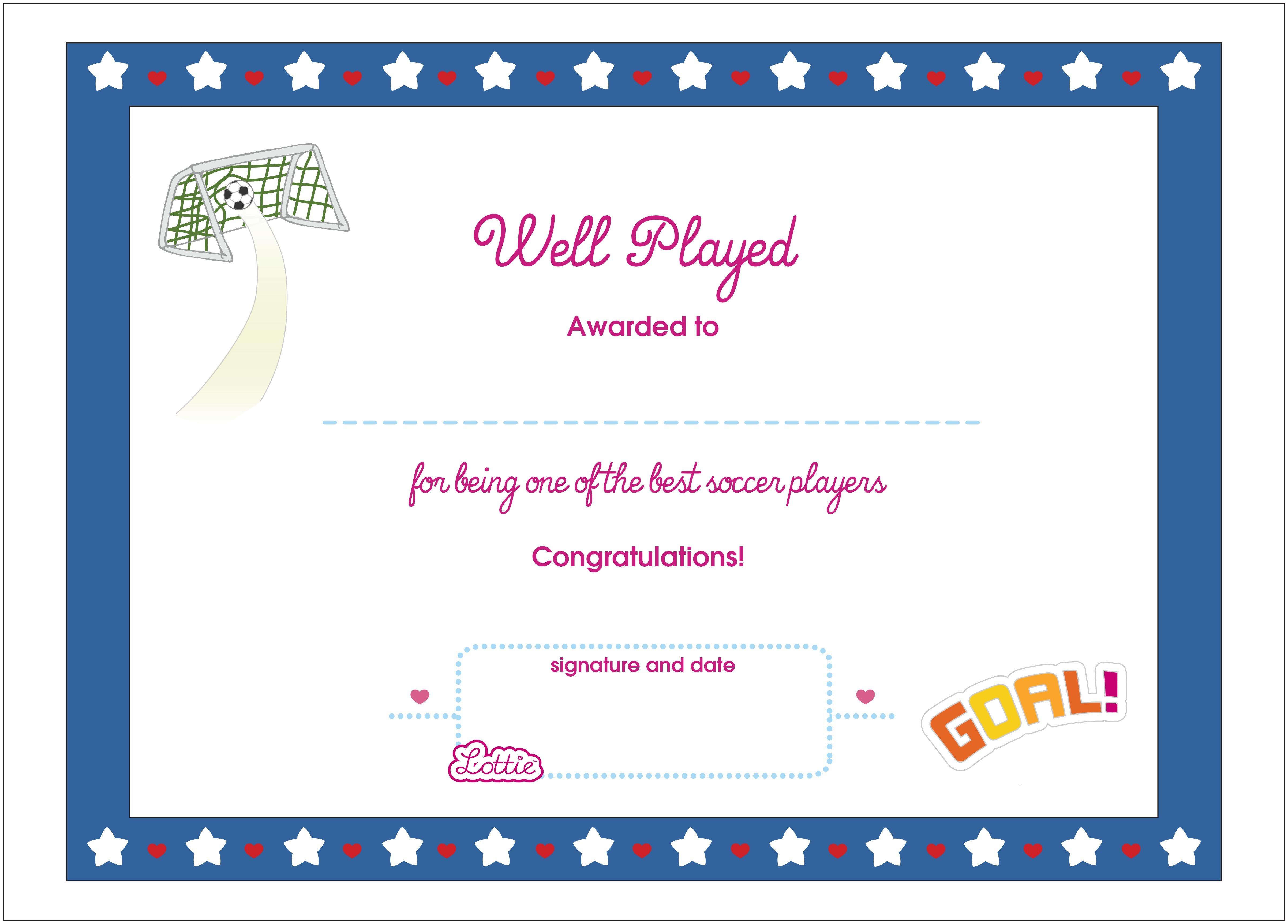 Soccer Printable Award Certificate (Us Spelling) – Lottie Dolls - Free Soccer Award Certificates Printable