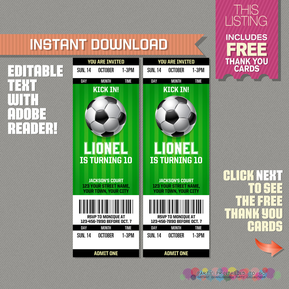 Soccer Ticket Invitation With Free Thank You Card Soccer | Etsy - Free Printable Soccer Thank You Cards