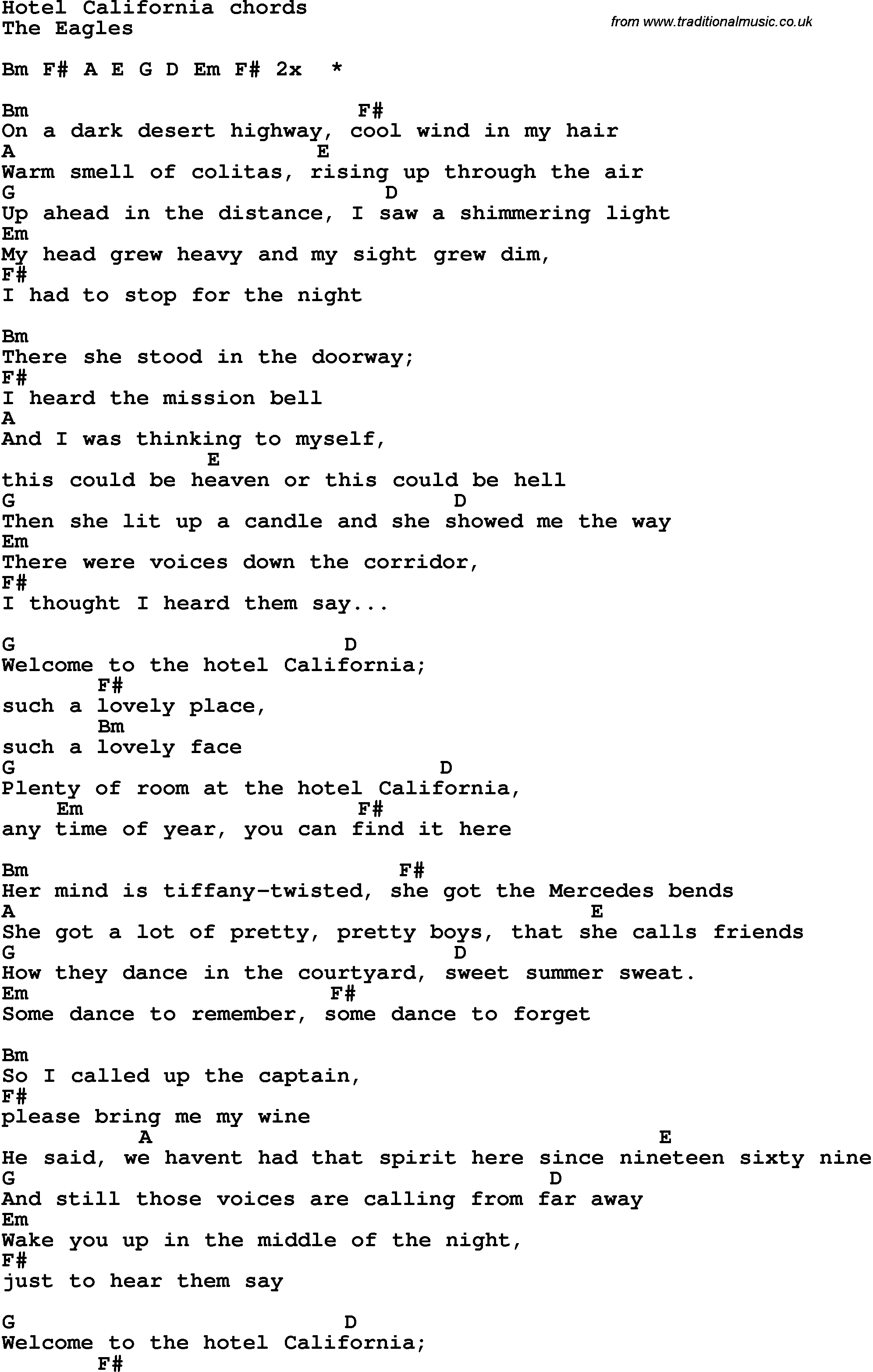 Song Lyrics With Guitar Chords For Hotel California - Free Printable Song Lyrics With Guitar Chords