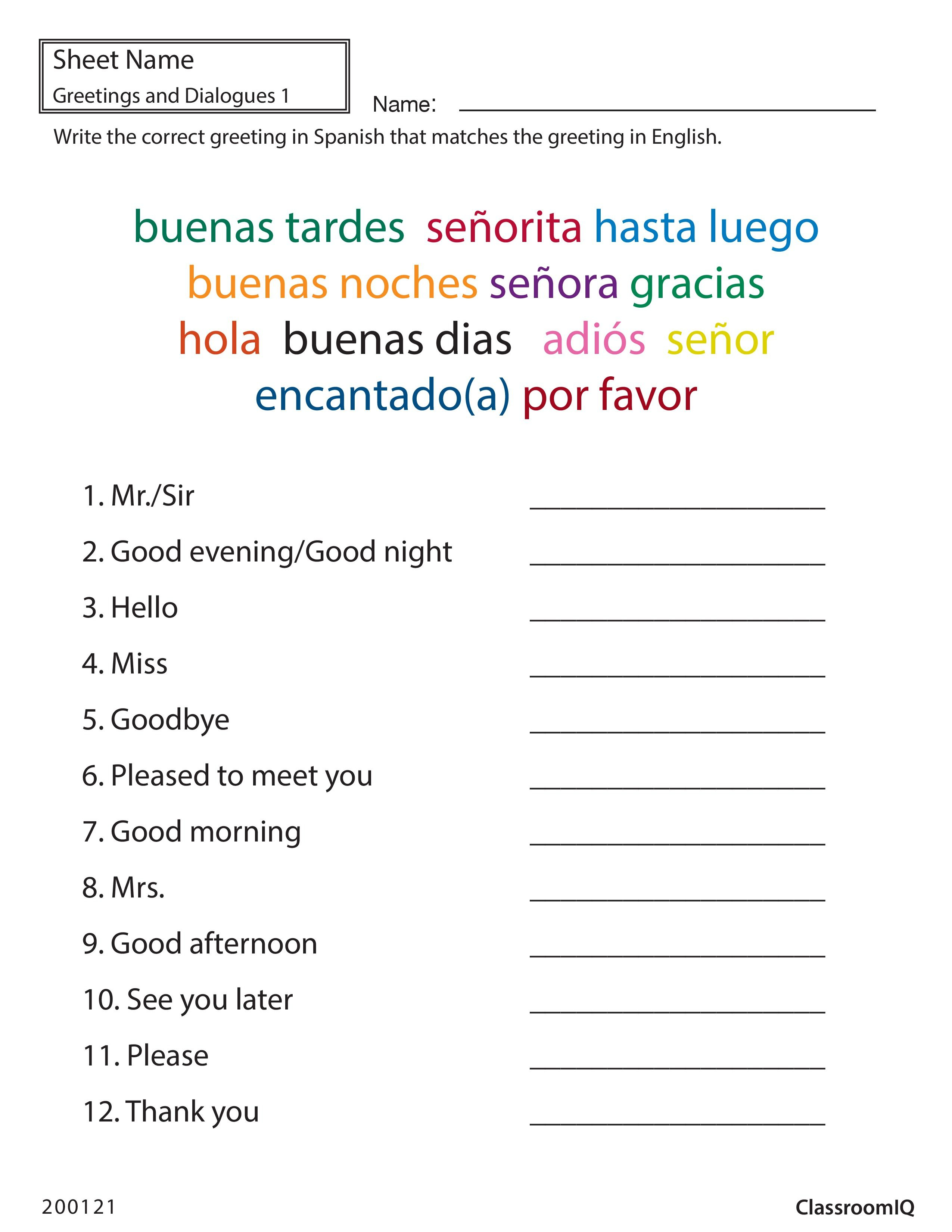 Spanish Greetings Matching #classroomiq #spanishworksheets - Free Printable Elementary Spanish Worksheets
