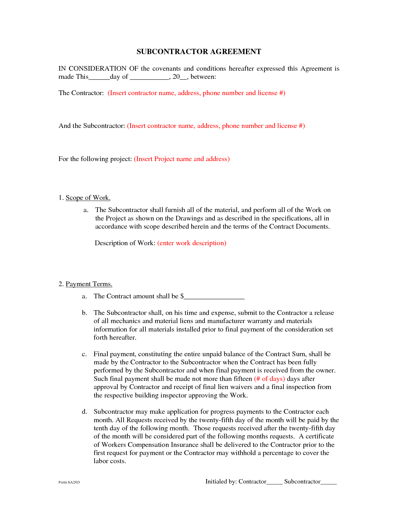 Subcontractor Agreement Formsbeunaventuralongjas - Subcontractor - Free Printable Subcontractor Agreement