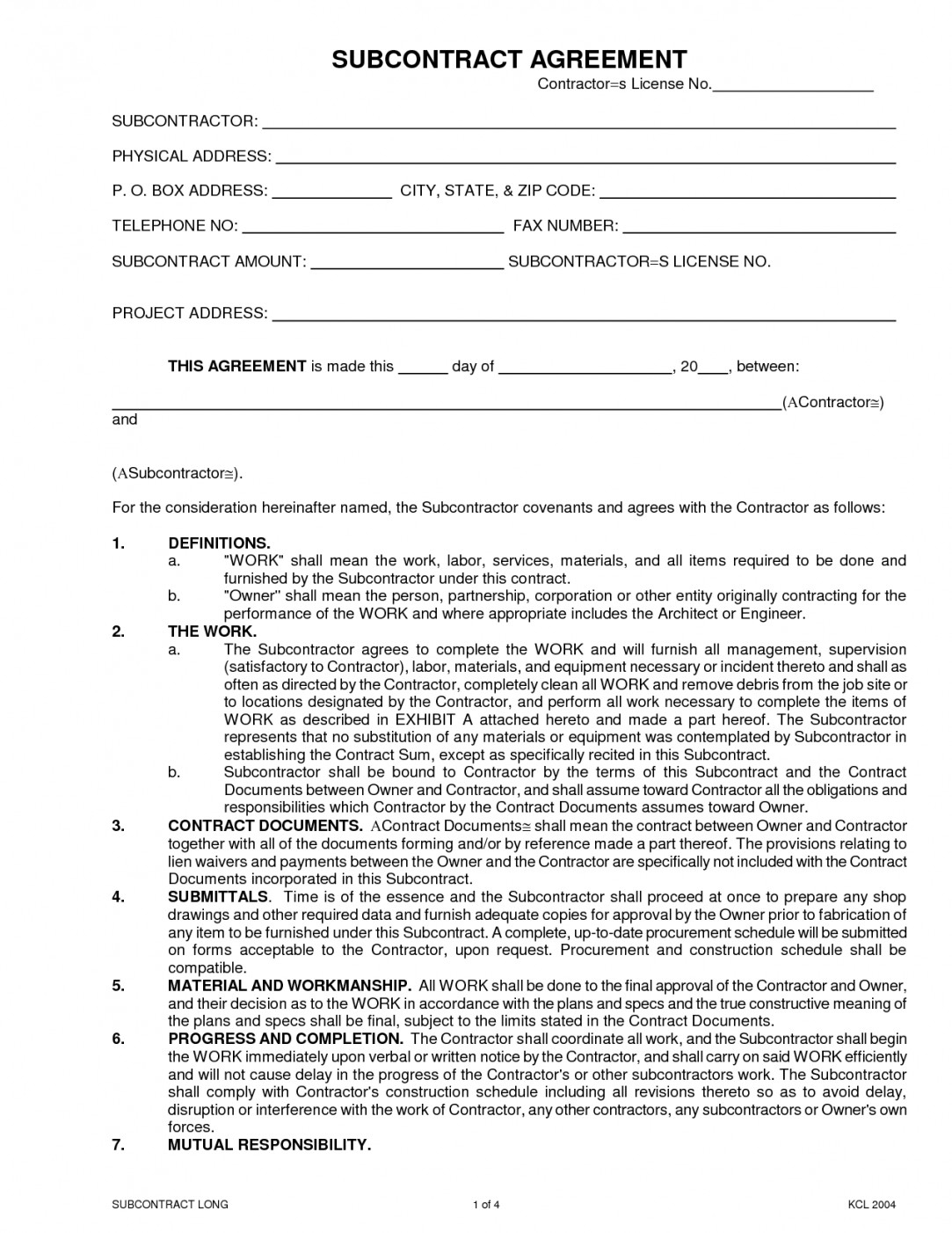 Subcontractor Agreement Template Word | Lostranquillos - Free Printable Subcontractor Agreement