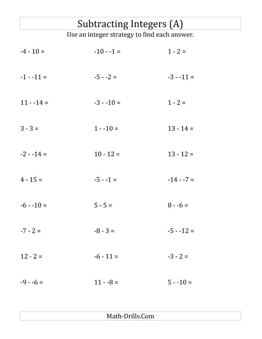 Subtracting Integers From (-15) To (+15) (No Parentheses) (A) | 8Th - Free Printable Integer Worksheets Grade 7