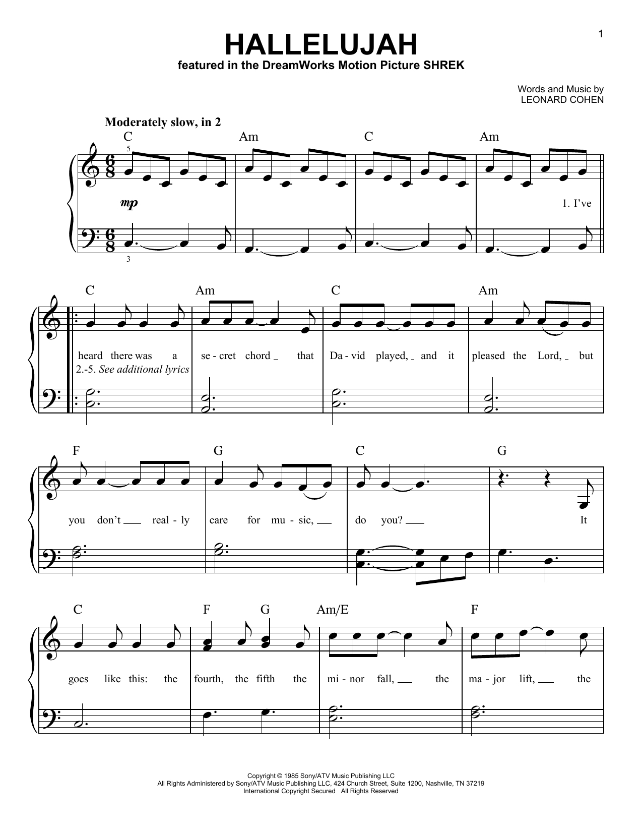 Suzanne Lyricsleonard Cohen | Leonard Cohen | Piano Sheet Music - Hallelujah Piano Sheet Music Free Printable