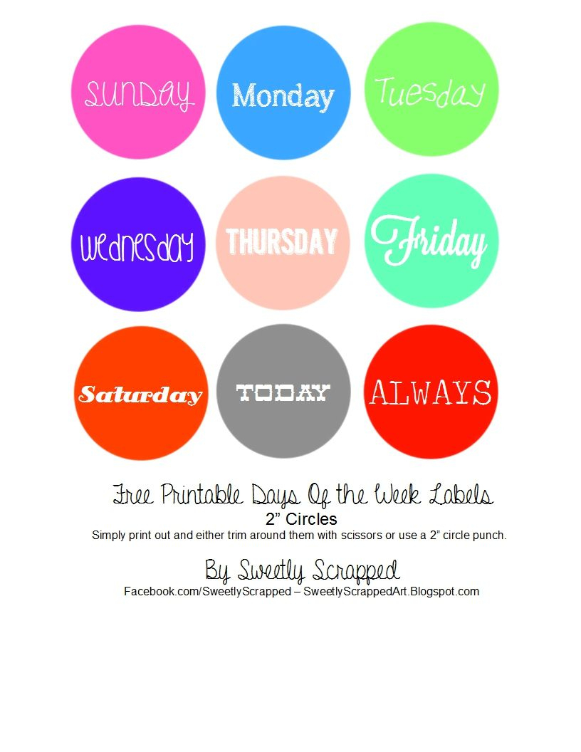 Sweetly Scrapped: Free Printable Days Of The Week Circle Labels - Free Printable Days Of The Week Cards
