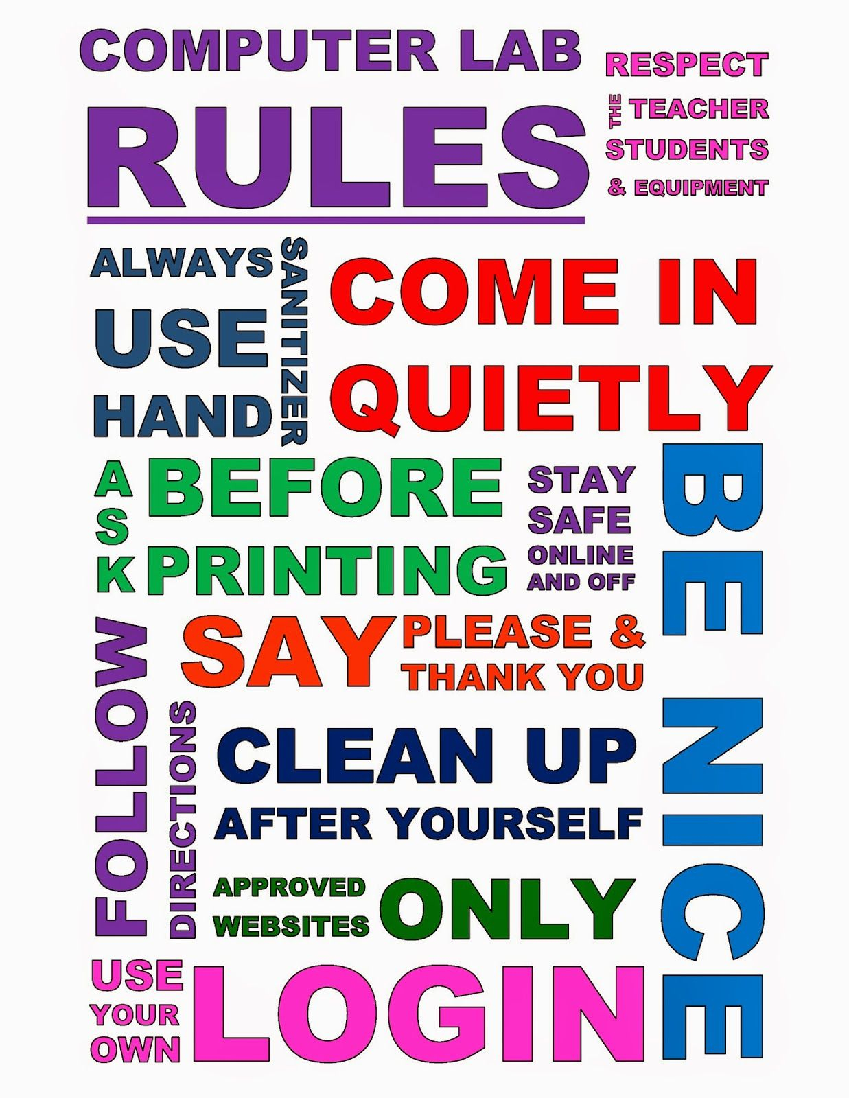 Teach The Bits And Bytes - Subway Art Computer Lab Rules - Pdf - Free Printable Computer Lab Posters