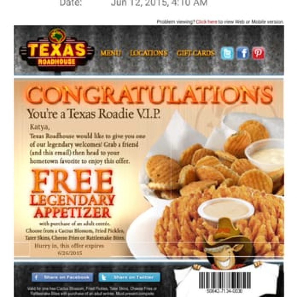 Texas Roadhouse Free Appetizer Printable Coupon 2015 Free Printable