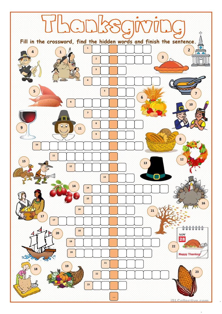 Thanksgiving Crossword Puzzle Worksheet - Free Esl Printable - Thanksgiving Crossword Puzzles Printable Free