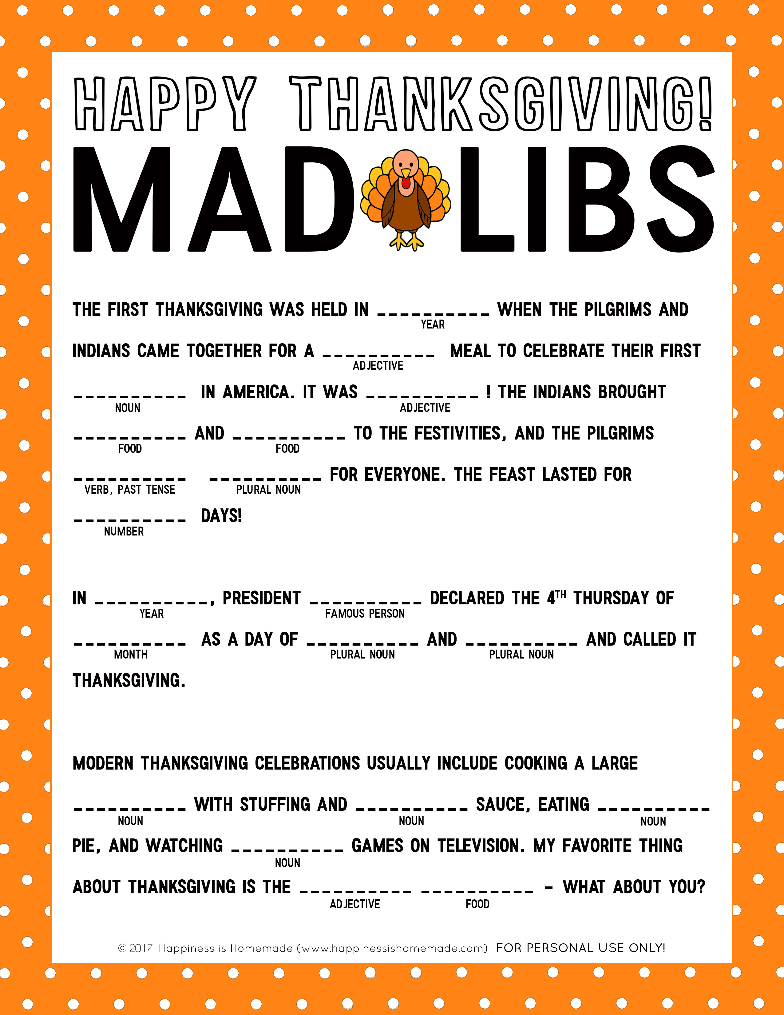 Thanksgiving Mad Libs Printable Game - Happiness Is Homemade - Free Printable Mad Libs For Tweens