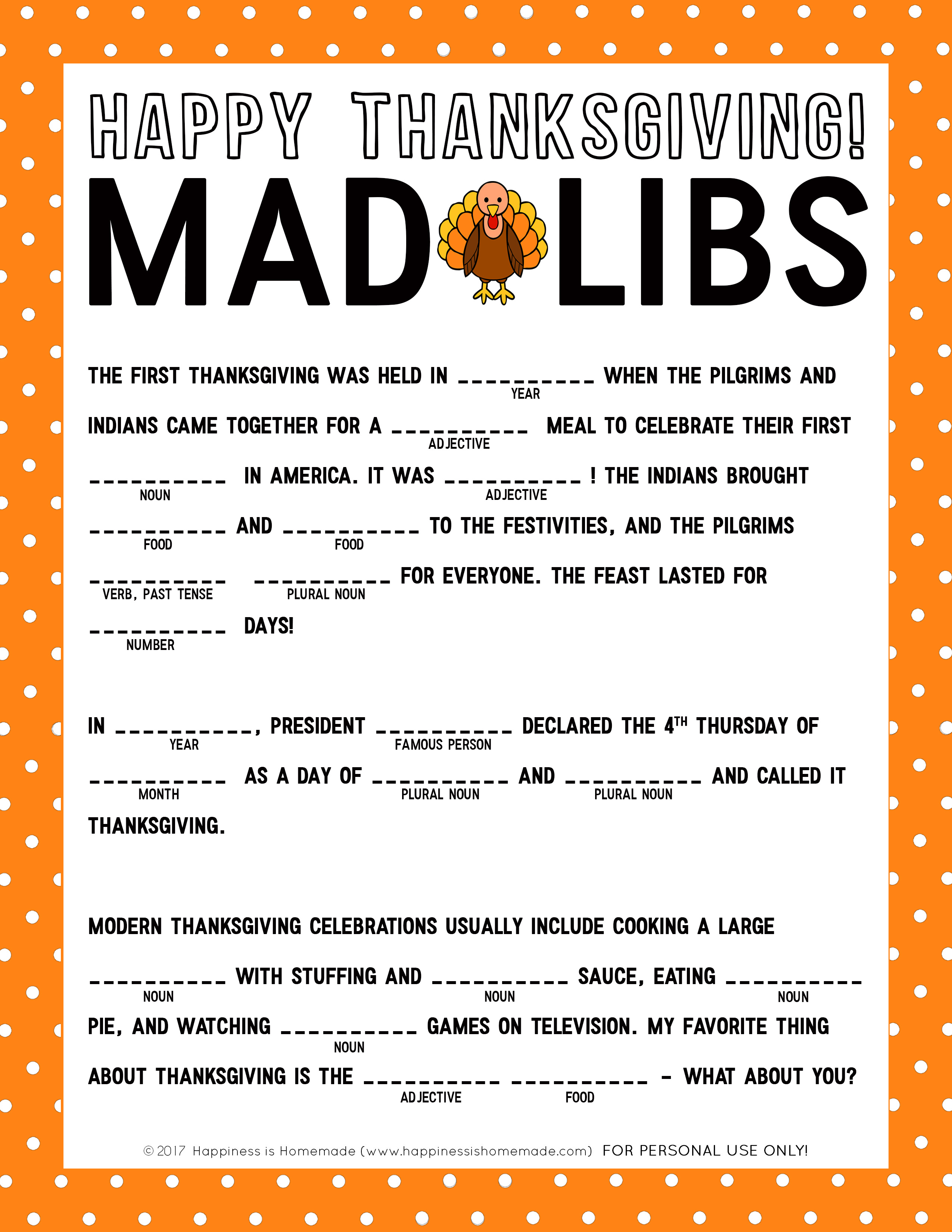 Thanksgiving Mad Libs Printable Game - Happiness Is Homemade - Thanksgiving Games Printable Free