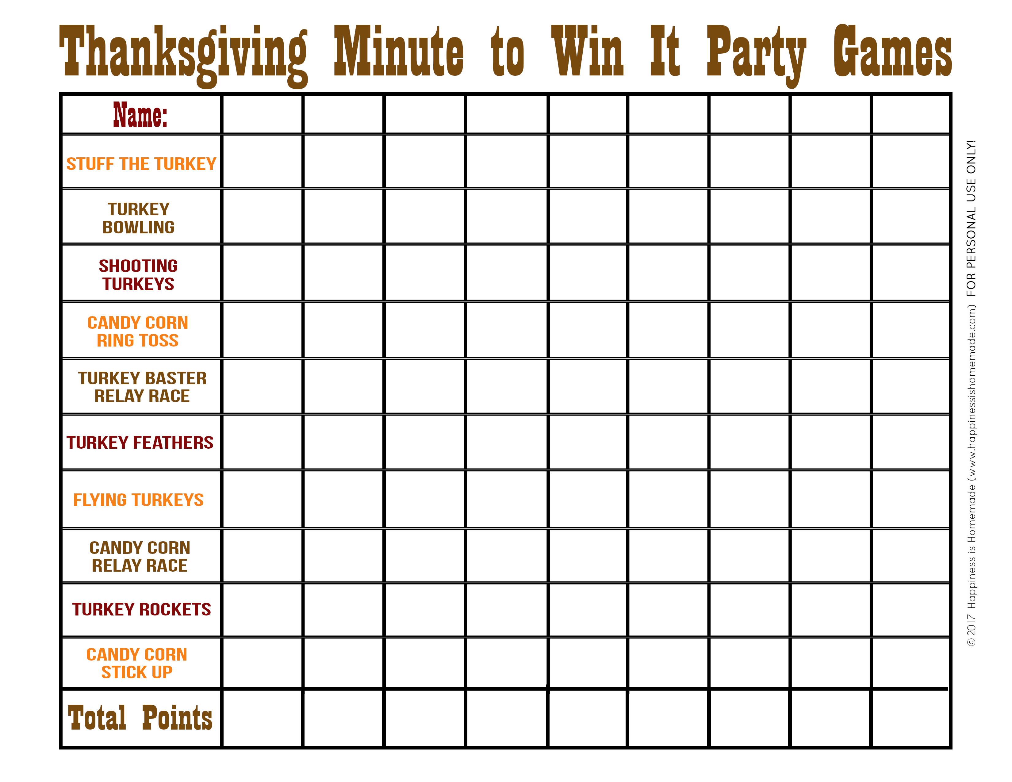 Thanksgiving Minute To Win It Games - Happiness Is Homemade - Thanksgiving Games Printable Free