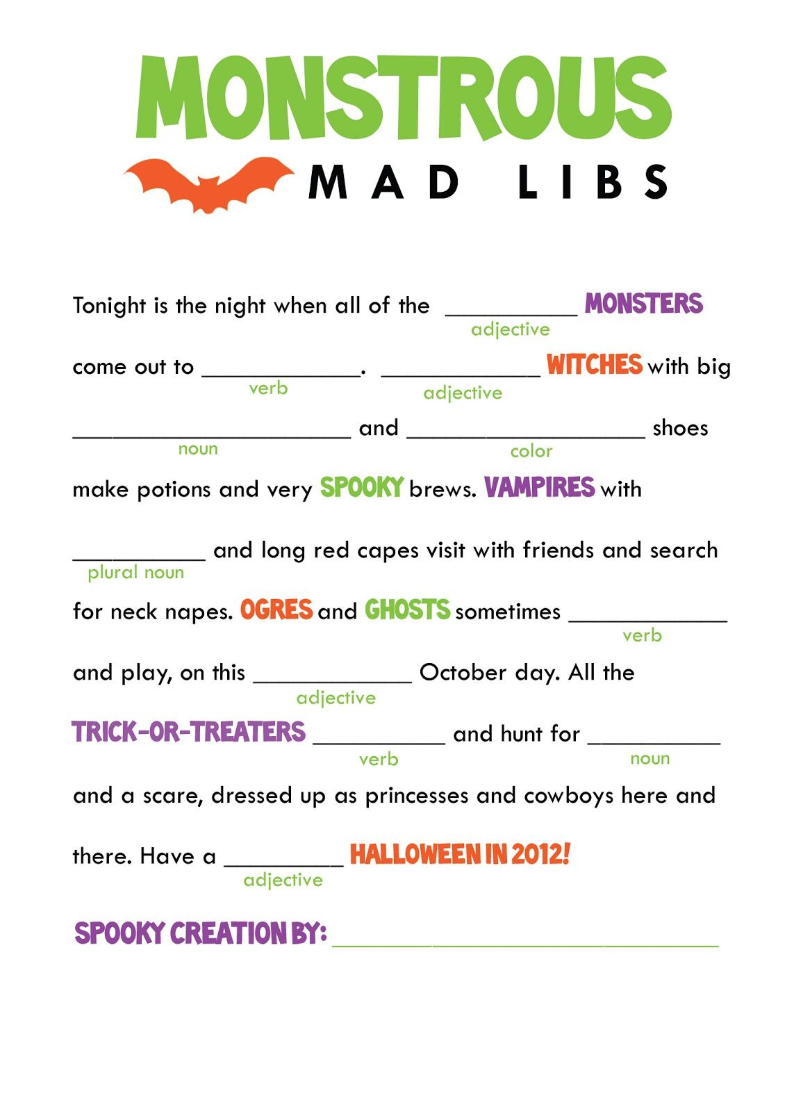 The Smartest And His Artist: Halloween Freebie! Printable Mad Libs - Free Printable Mad Libs