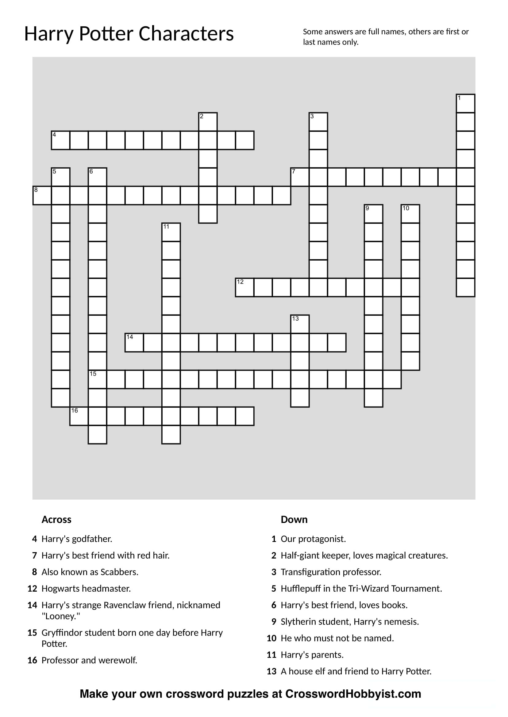 This Harry Potter Characters Crossword Puzzle Was Made At - Free Make Your Own Crosswords Printable