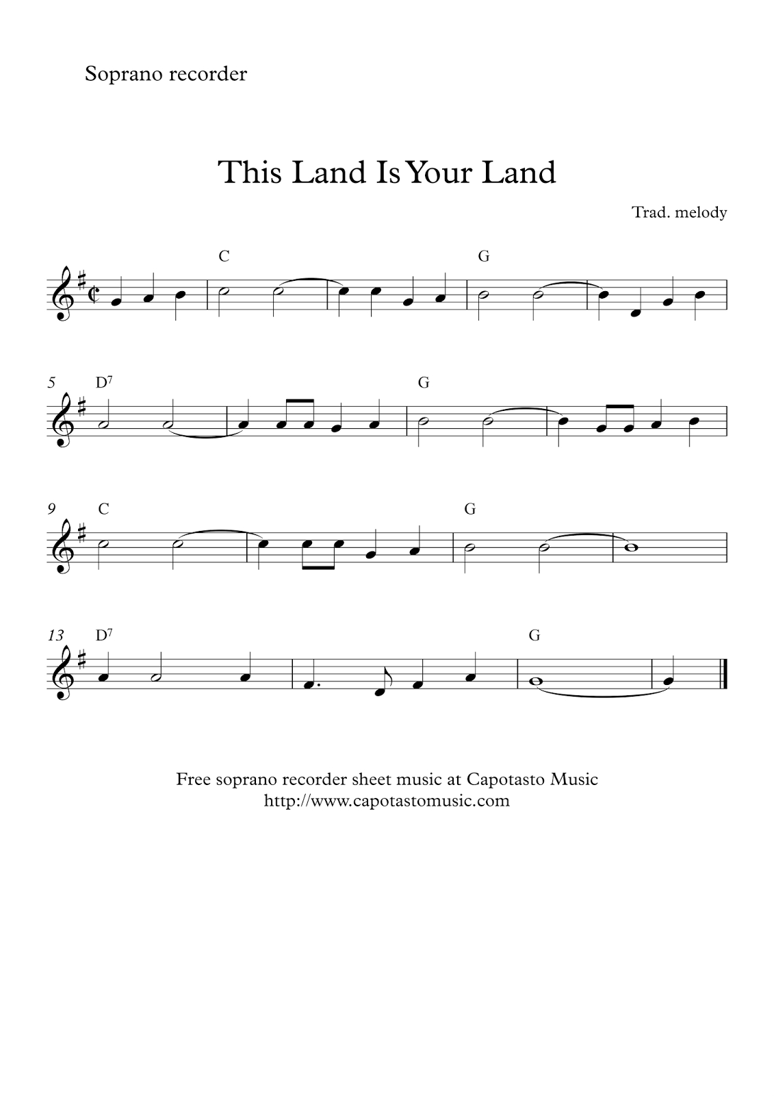 This Land Is Your Land - Free Easy Soprano Recorder Sheet Music - Free Printable Recorder Sheet Music For Beginners