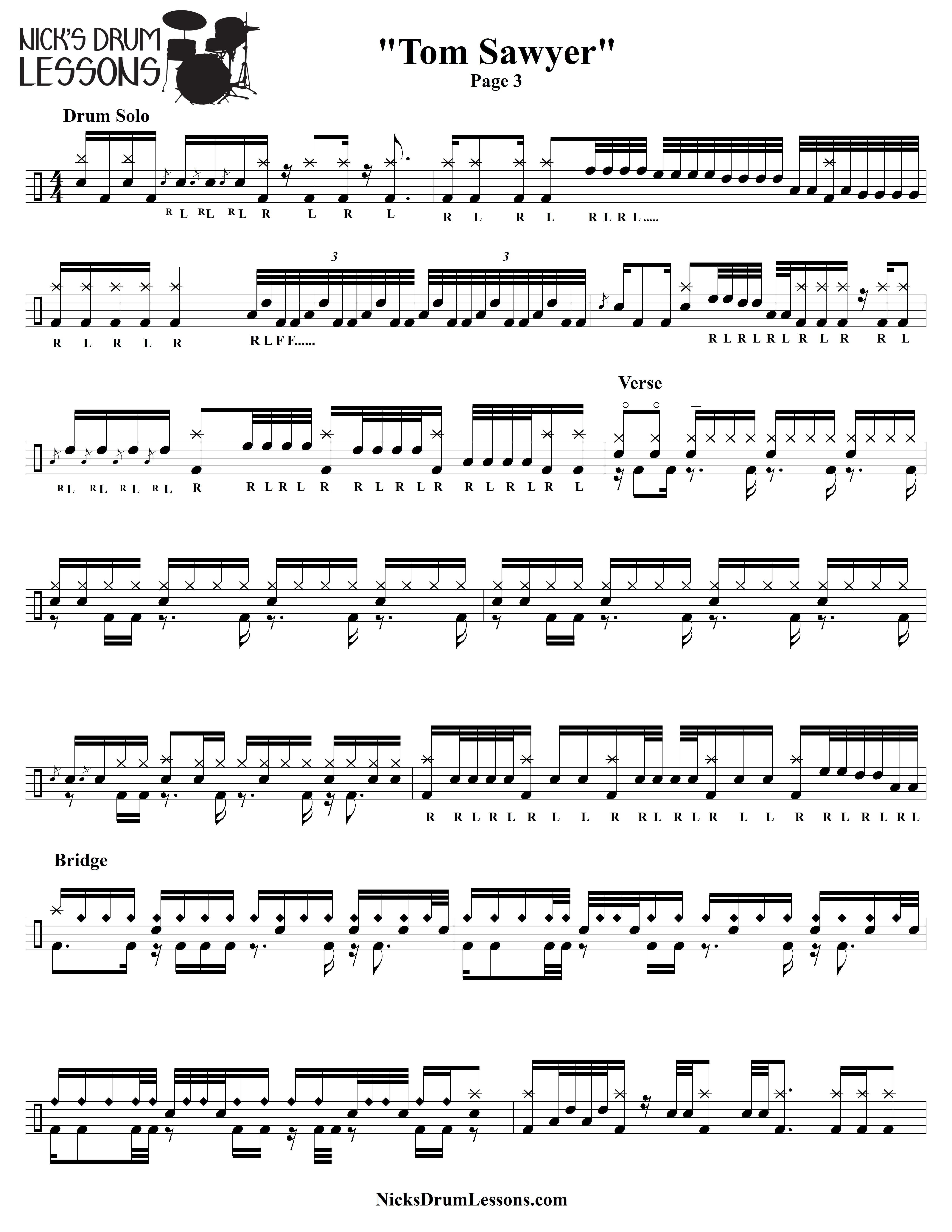 Tom Sawyer&amp;quot; Rush - Drum Sheet Music - Nick&amp;#039;s Drum Lessons - Free Printable Drum Sheet Music