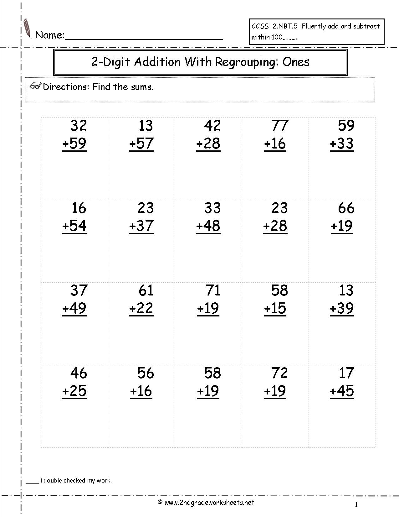 Two Digit Addition With Regrouping Ones To Tens Place Worksheet - Free Printable Math Worksheets Addition And Subtraction